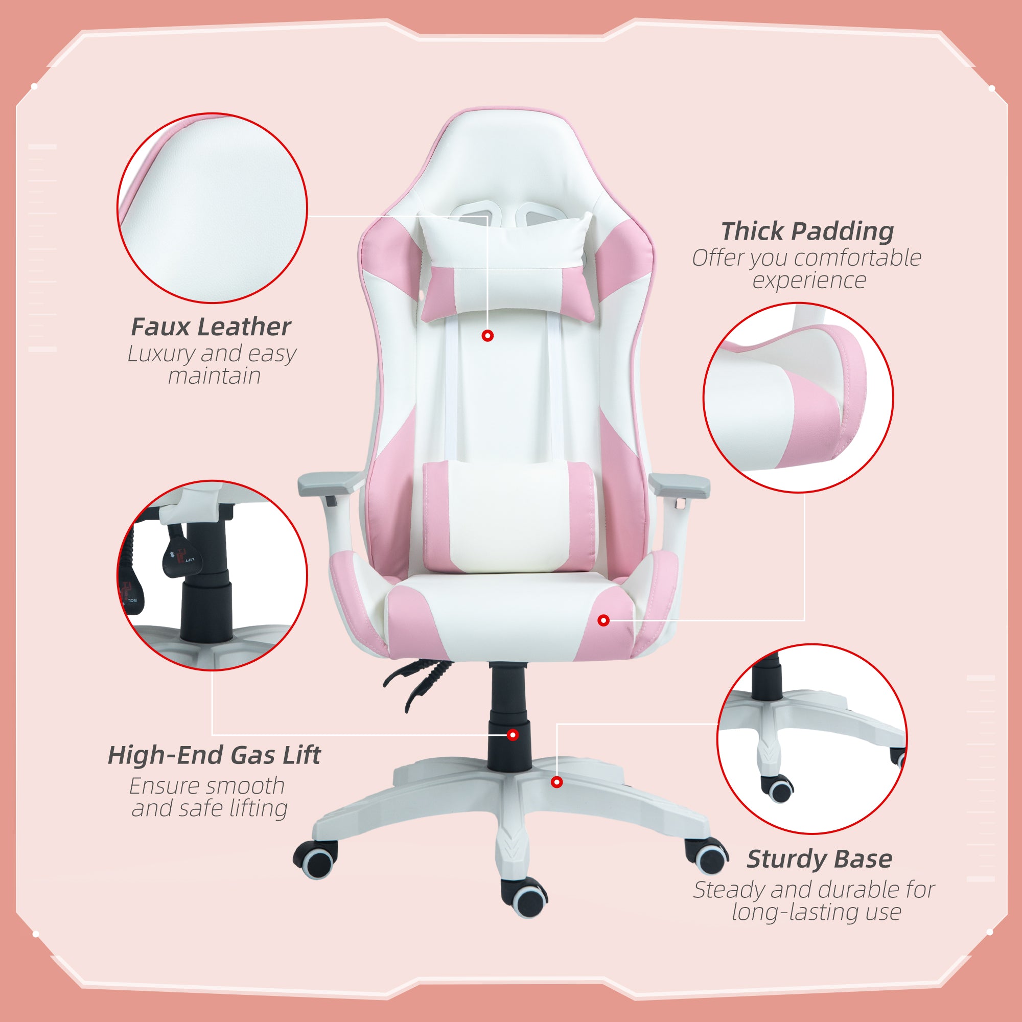 Faux Leather Colour Block Gaming Chair, with 135° Reclining Back - Pink/White