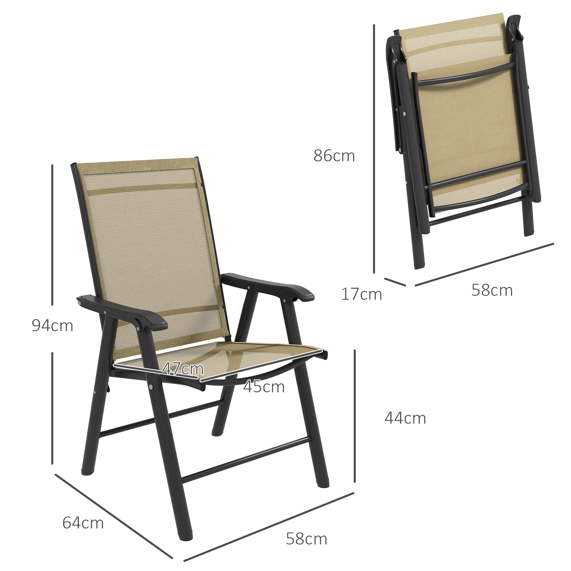 Set of 4 Foldable Metal Garden Chairs with Breathable Texteline Seats - Light Brown