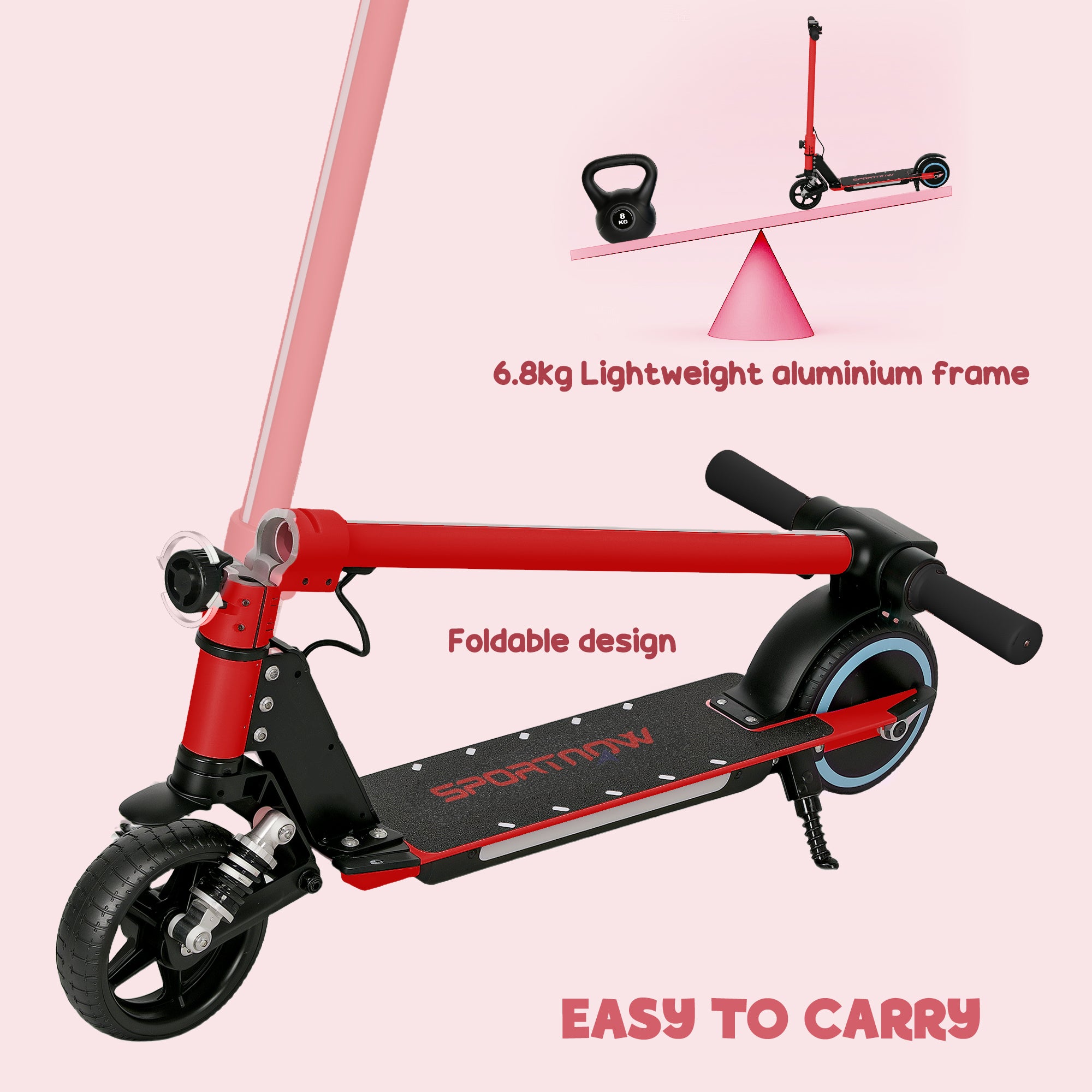 Folding Electric Scooter for Kids 6-14 with Dual Brakes, Front Suspension, LED Lights & Display - Red