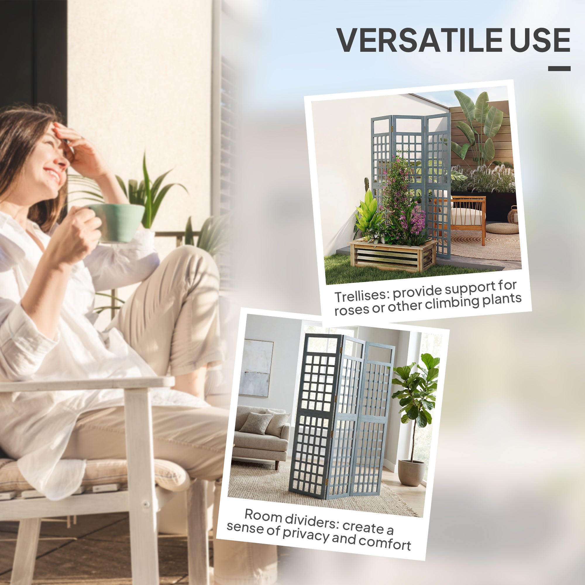 3-Panel Garden Privacy Screen, Freestanding Foldable Wooden Outdoor Divider/Trellis, Decorative Privacy Screen, Grey
