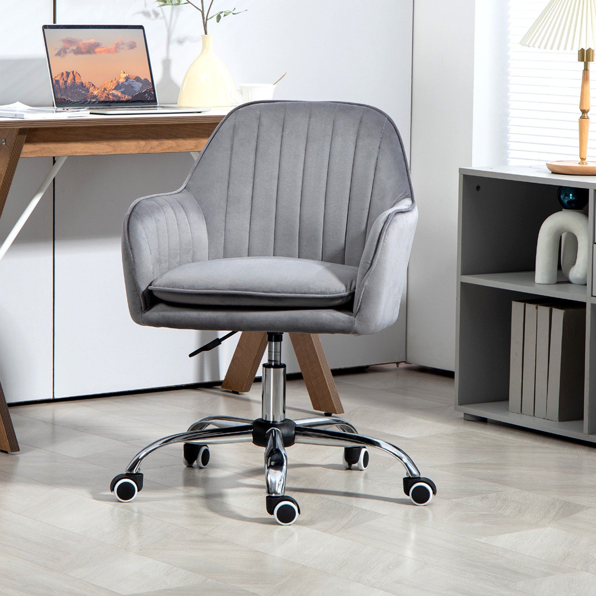 Office Chair, Swivel Desk Chair, Velvet-Feel Fabric Vanity Chair with Adjustable Height and Rolling Wheels for Home Work Study, Grey
