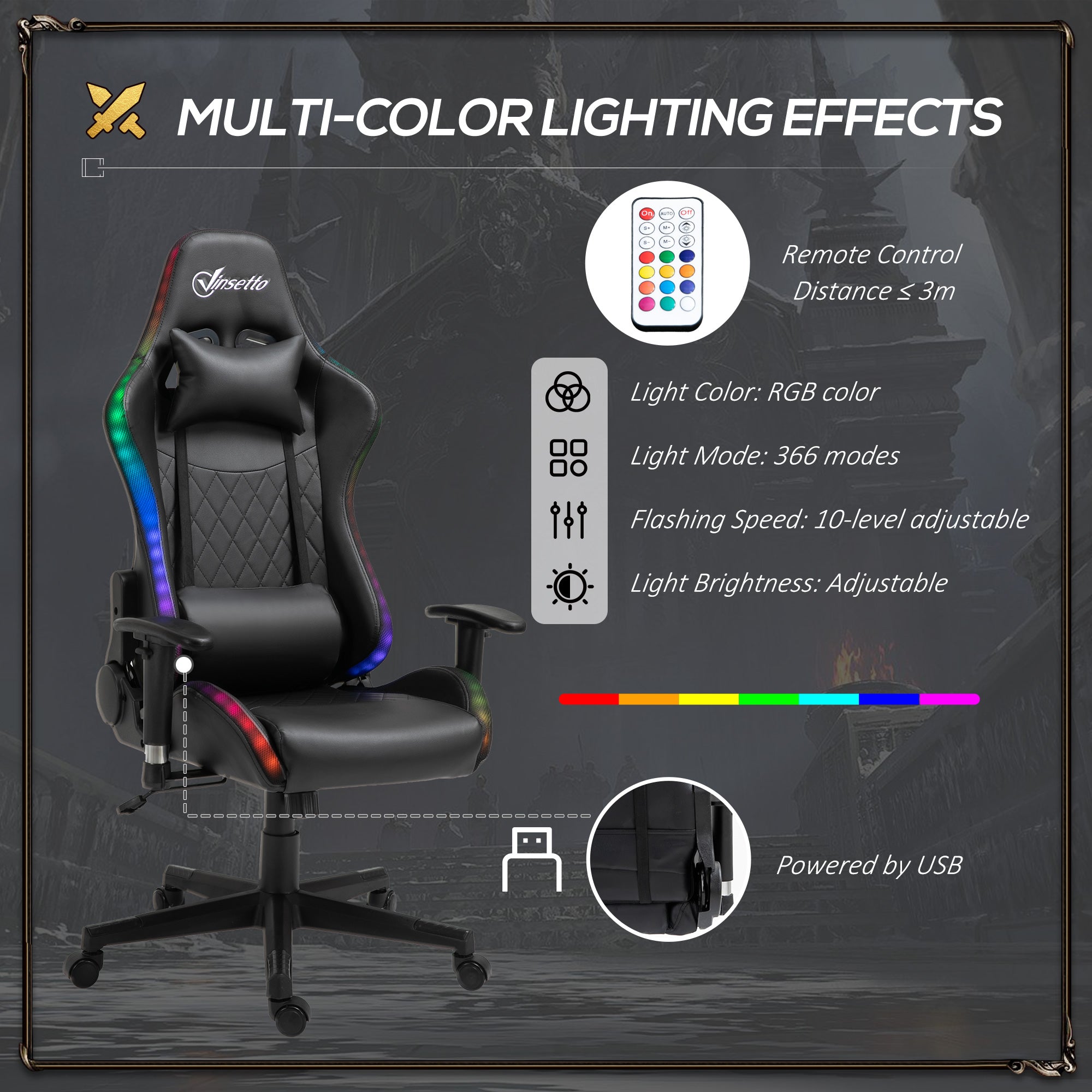 Gaming Chair with RGB LED Light, 2D Arm, Lumbar Support, Height Adjustable Swivel Office Computer Recliner, Racing Gamer Desk Chair for Home, Black