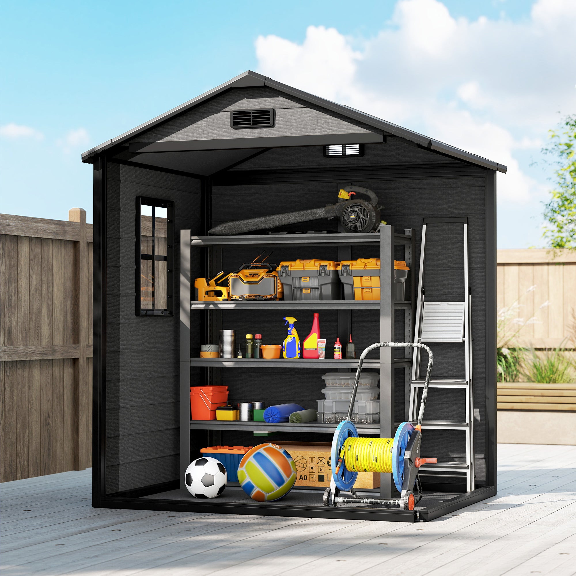 6'x4.5' Garden Storage Shed, Lockable Garden Shed with Double Doors, Window, Vent and Plastic Roof, Dark Grey