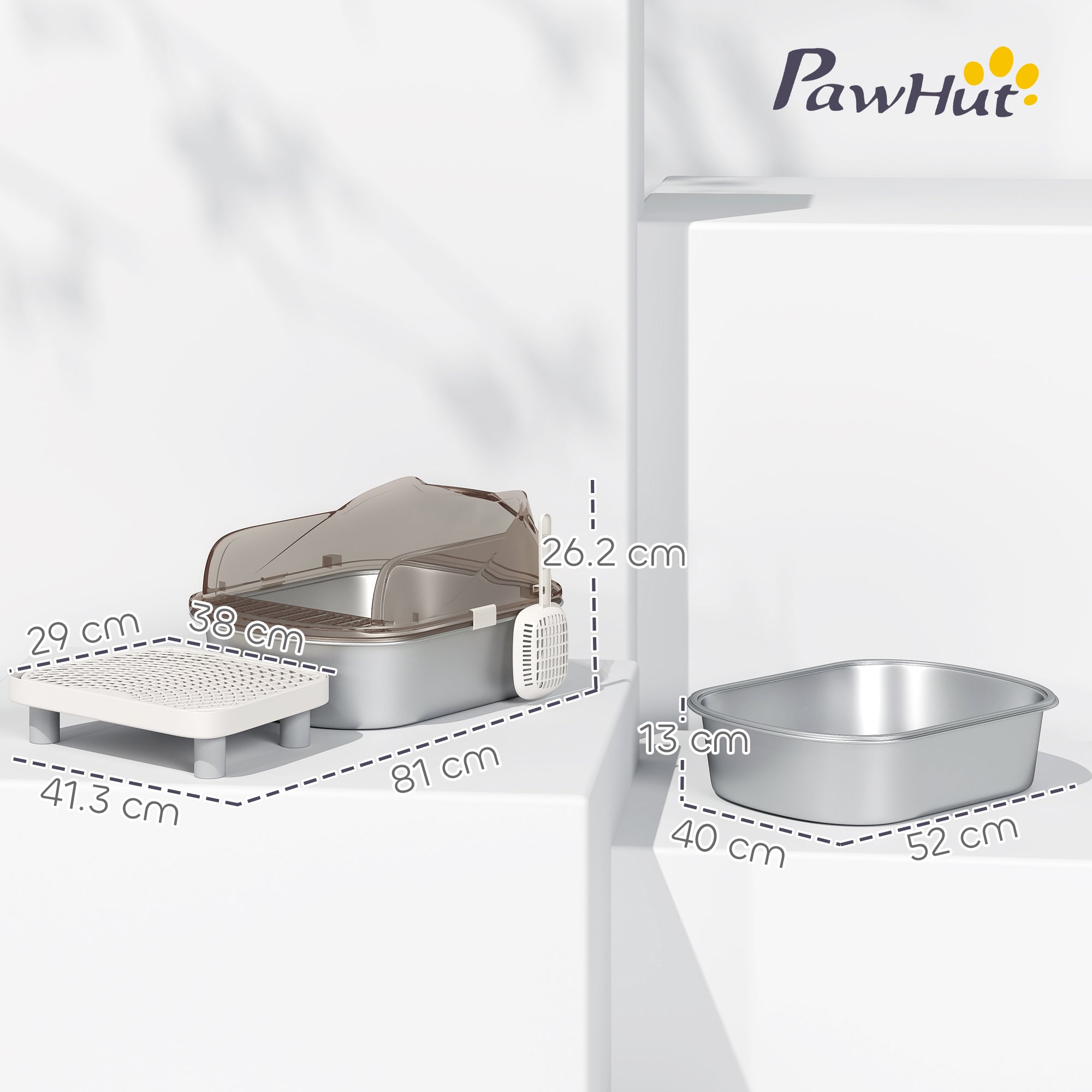 Stainless Steel Litter Box with Lid, High Wall Sided Enclosure, Pedal, Scoop, Non-Sticky, Anti-Leakage, Easy Cleaning