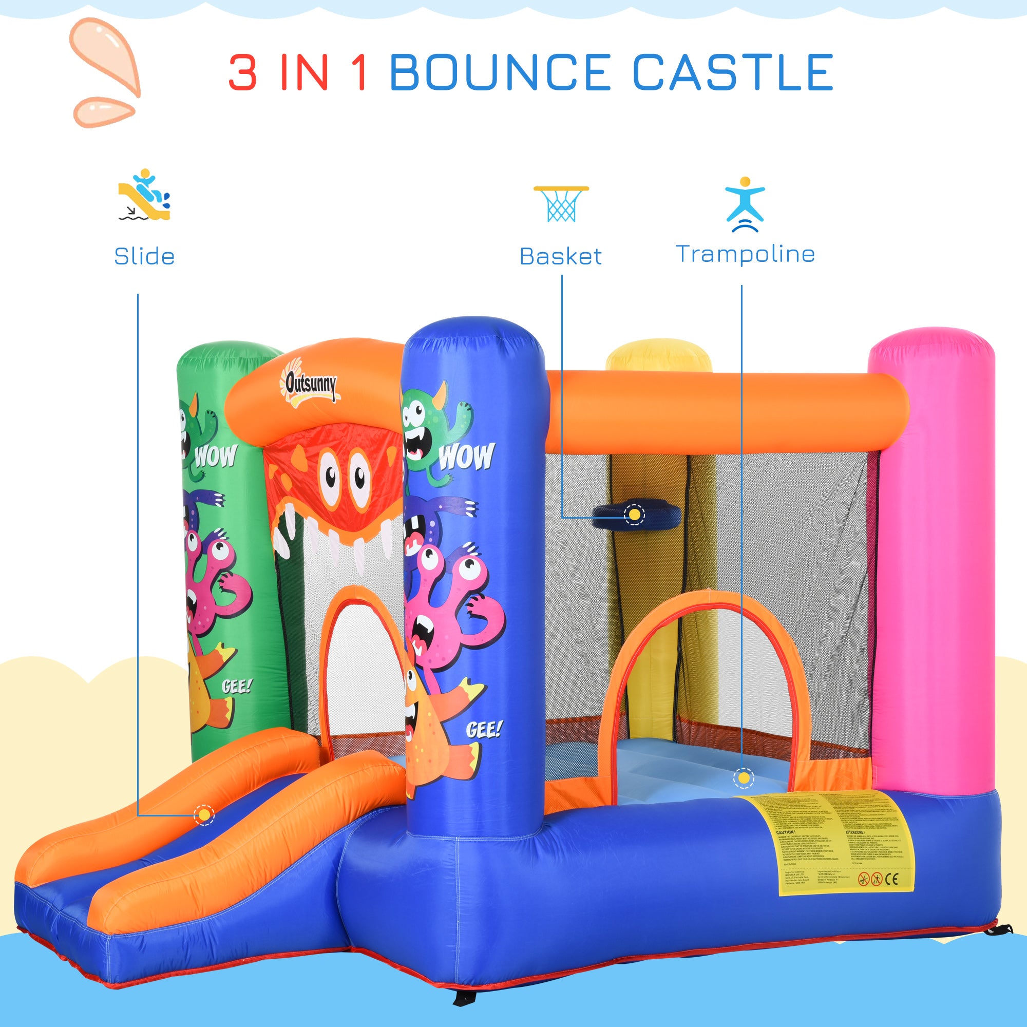 Bouncy Castle Inflatable Basket Trampoline Slide Monster Design 180 x 250 x 175 (CM)