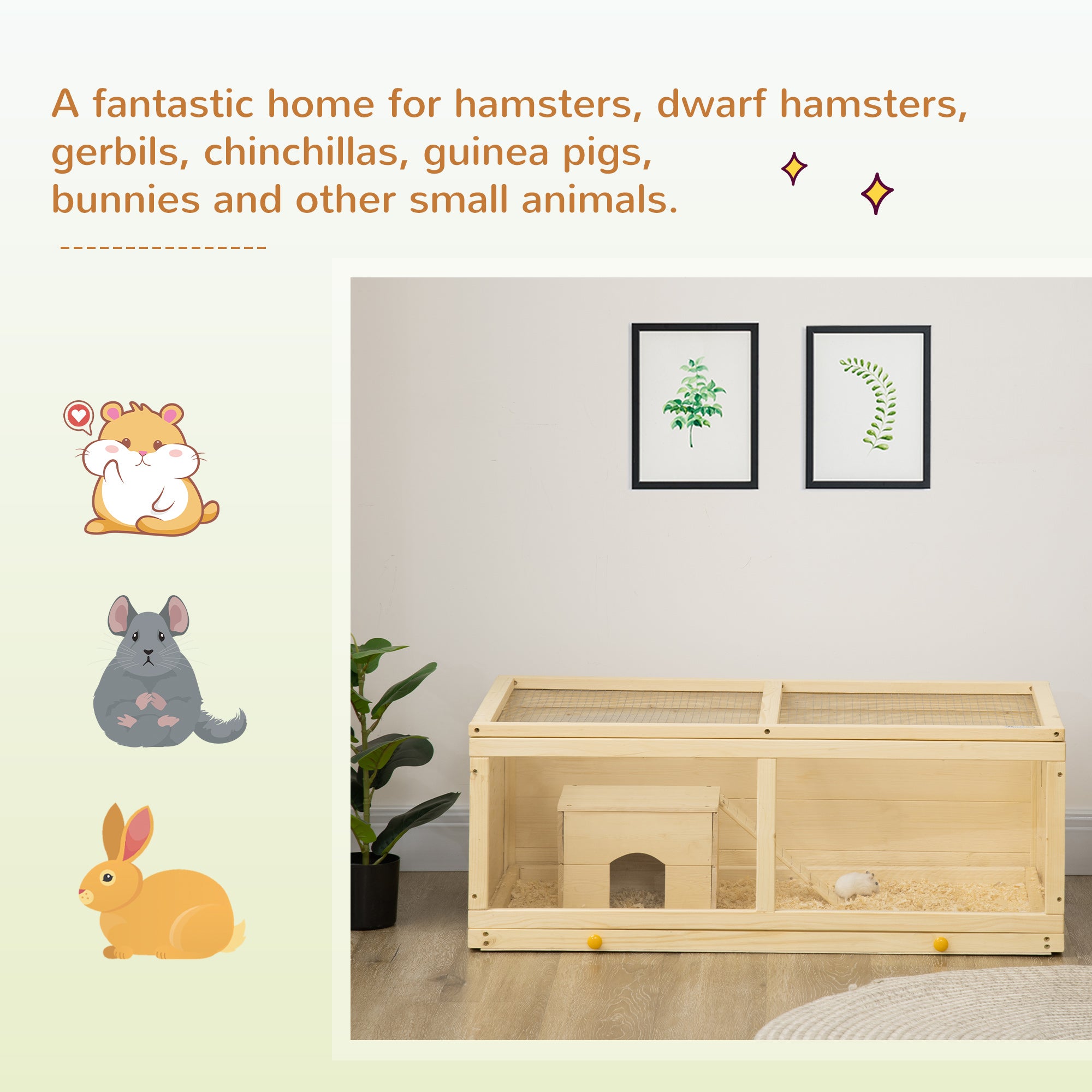 Wooden Hamster Cage with Sliding Tray, Openable Top, Hut for Syrian Hamster, Natural Wood Finish