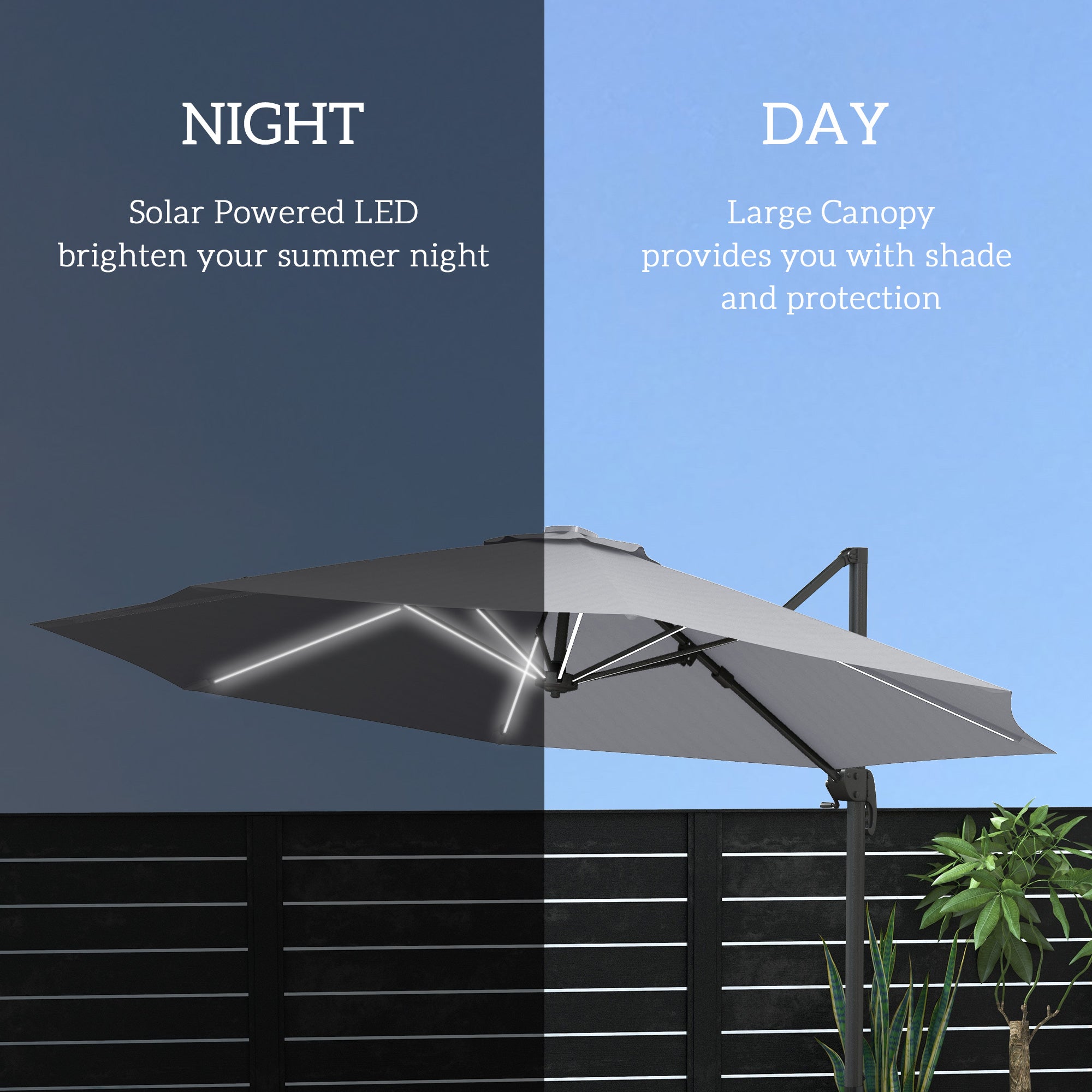 3(m) Adjustable Cantilever Parasol with Base, Solar LED Lights, Light Grey