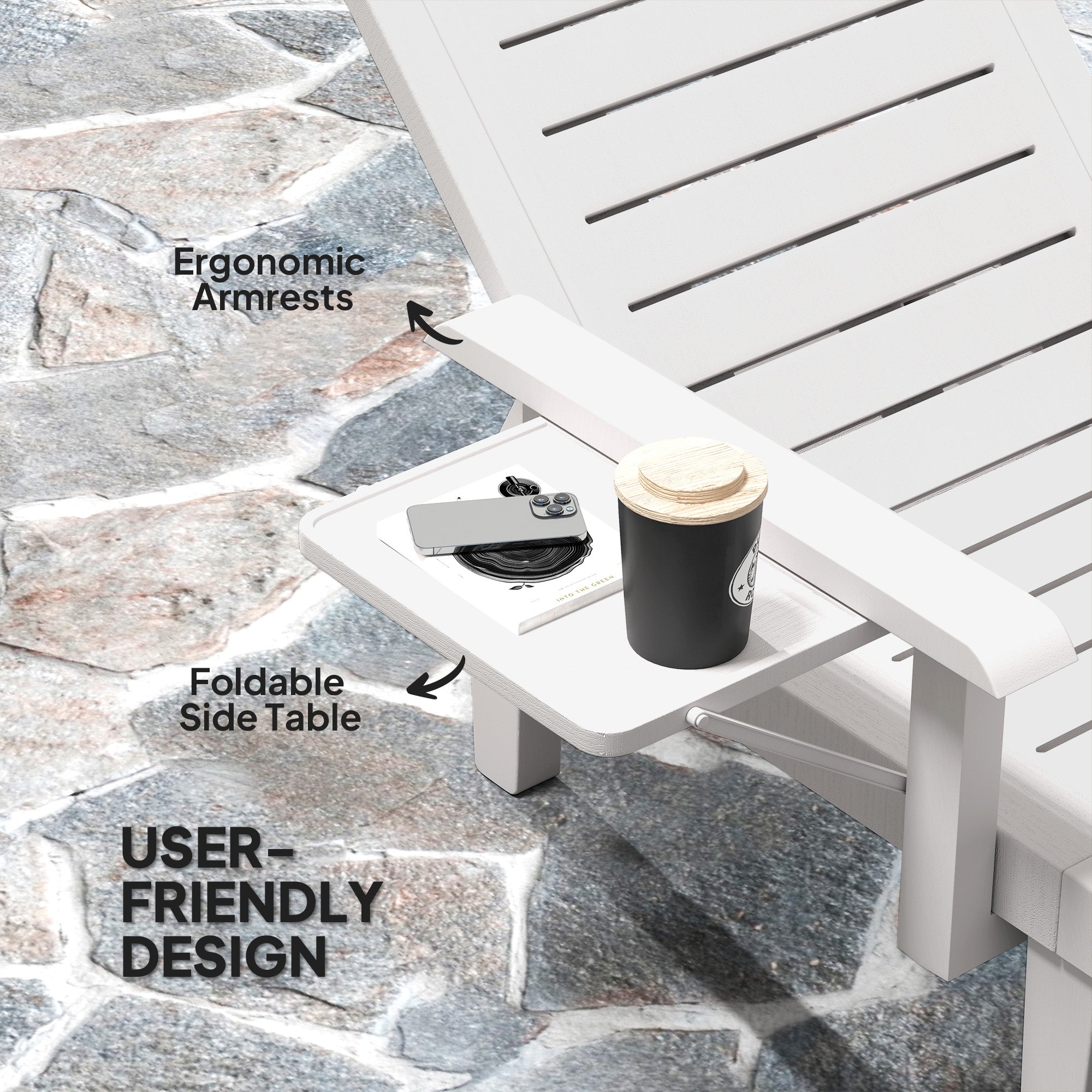 Set of 2 Resin Reclining Sun Loungers for Garden, 5 Positions Adjustable Outdoor Chaise Lounge Chairs with Wood Texture Surface, Armrests, Foldable Side Table for Garden, Beach, White