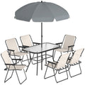 8 Piece Garden Dining Set with Umbrella Garden Furniture Set with 6 Folding Chairs, Tempered Glass Table for Patio Cream