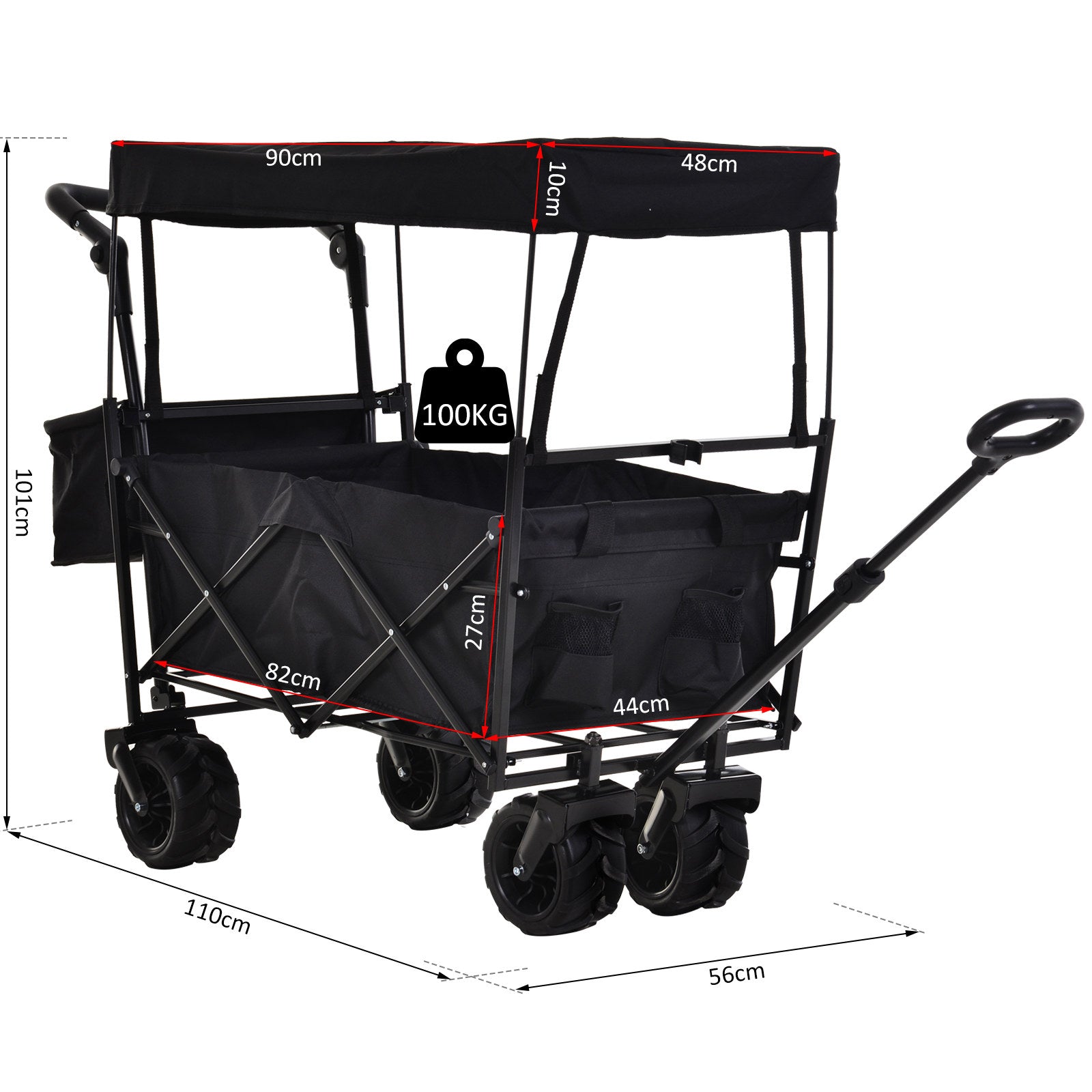 Folding Trolley Cart Storage Wagon Beach Trailer 4 Wheels with Handle Overhead Canopy Cart Push Pull For Shopping Camping Garden - Black