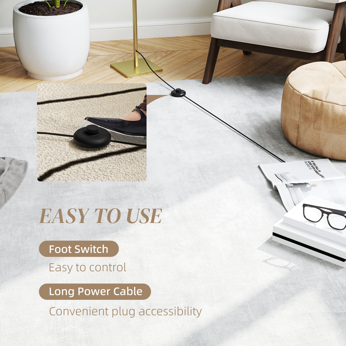 Modern LED Floor Lamp with 3 Brightness Levels and Foot Switch - Gold Tone