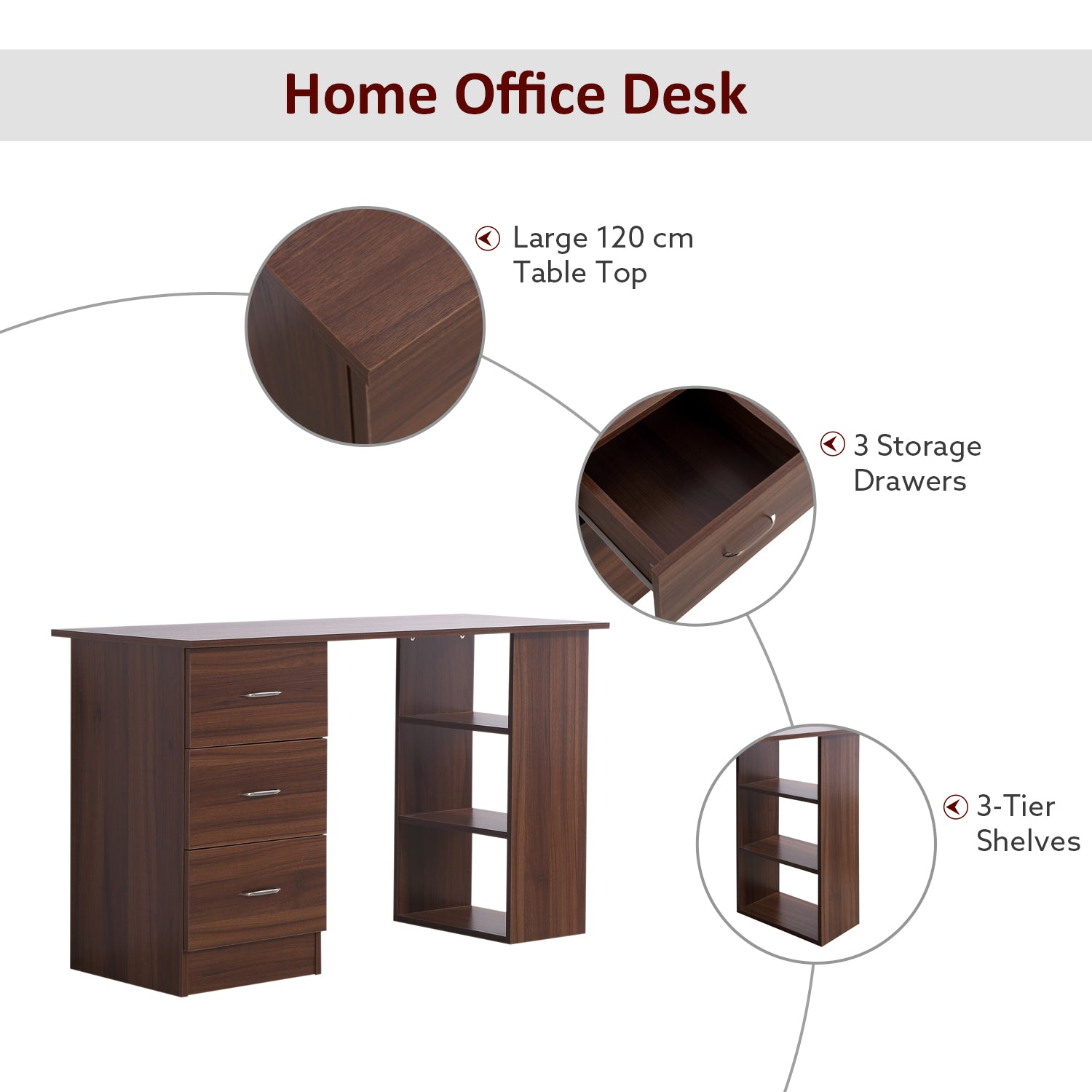 Computer Desk, Writing Table, PC Workstation with 3 Storage Shelves and Drawers, Silver Handle, for Home Office, Walnut