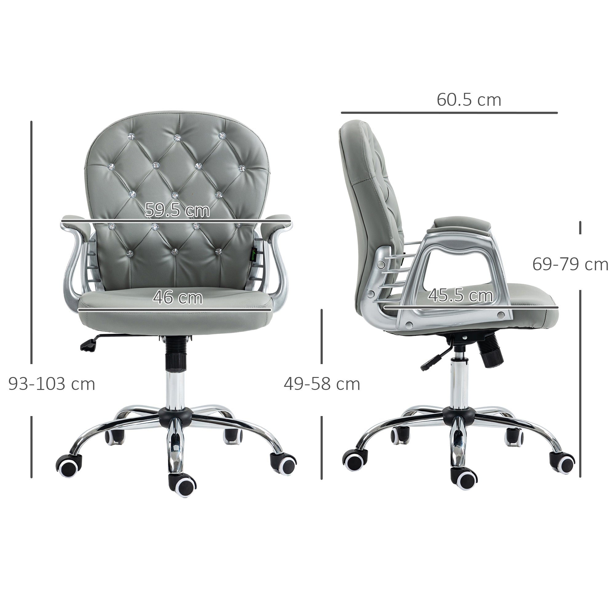 Office Chair Ergonomic 360° Swivel PU Diamante Padded Base 5 Castor Wheels for Home Work Grey