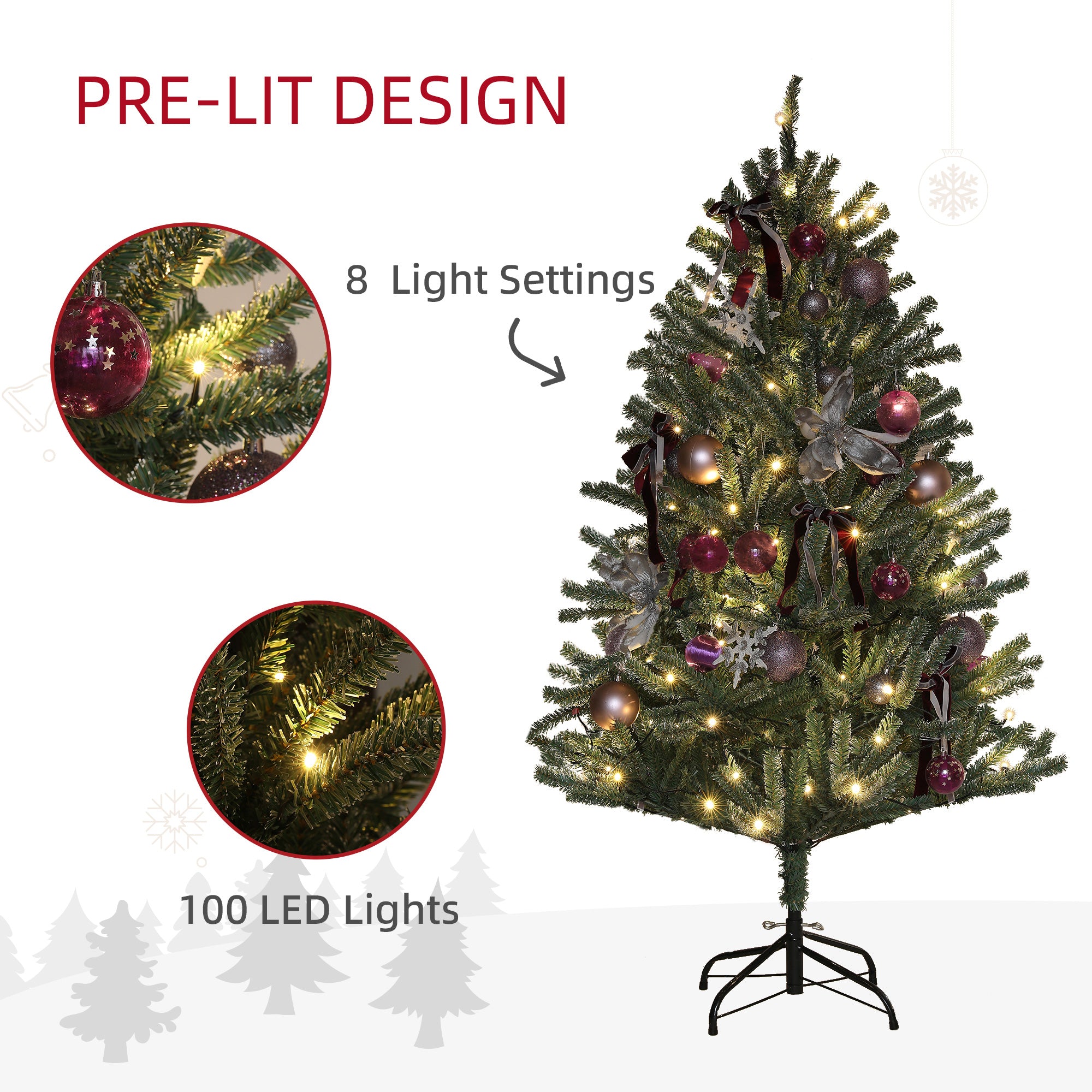 5ft Artificial Prelit Christmas Tree with Warm White LED Lights and 486 Tips, Metal Stand, Xmas Tree with Purple Ornaments for Home Office Holiday