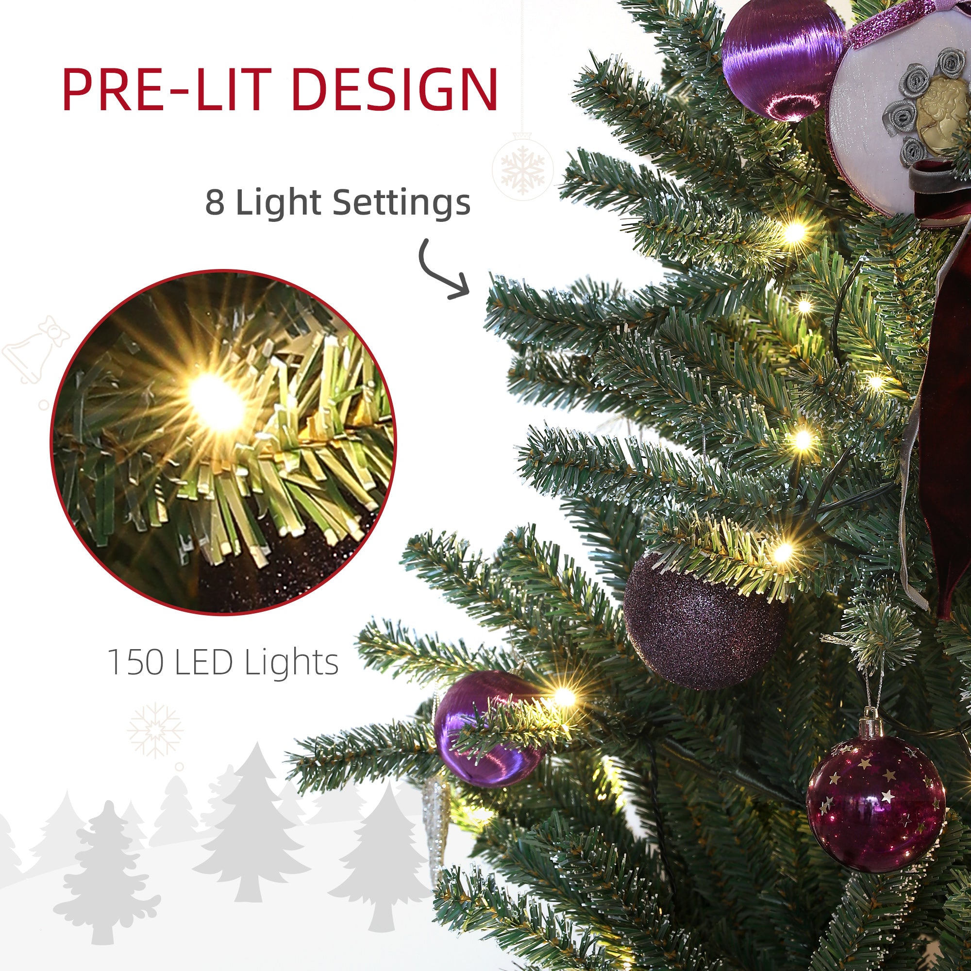 6ft Artificial Prelit Christmas Tree with Warm White LED Lights and 796 Tips, Metal Stand, Xmas Tree with Purple Ornaments for Home Office Holiday