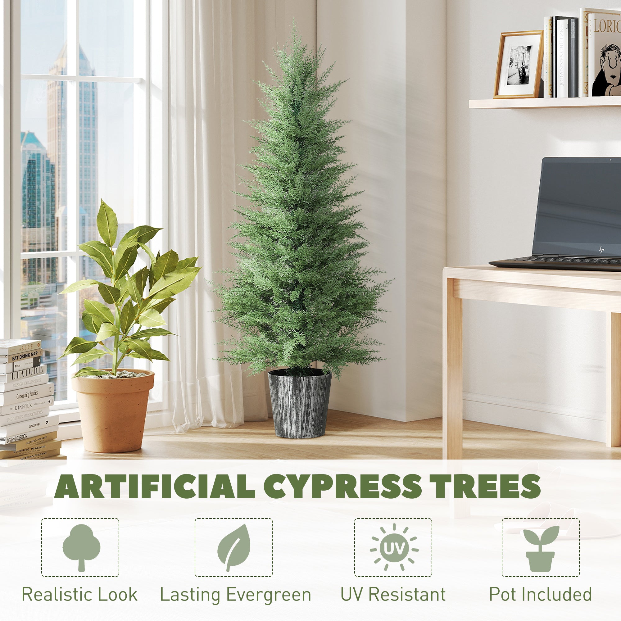 135cm Artificial Cypress Trees Set of 2, UV Resistant Artificial Plants with Decorative Pot, Fake Plants for Indoor Outdoor Decor, Green