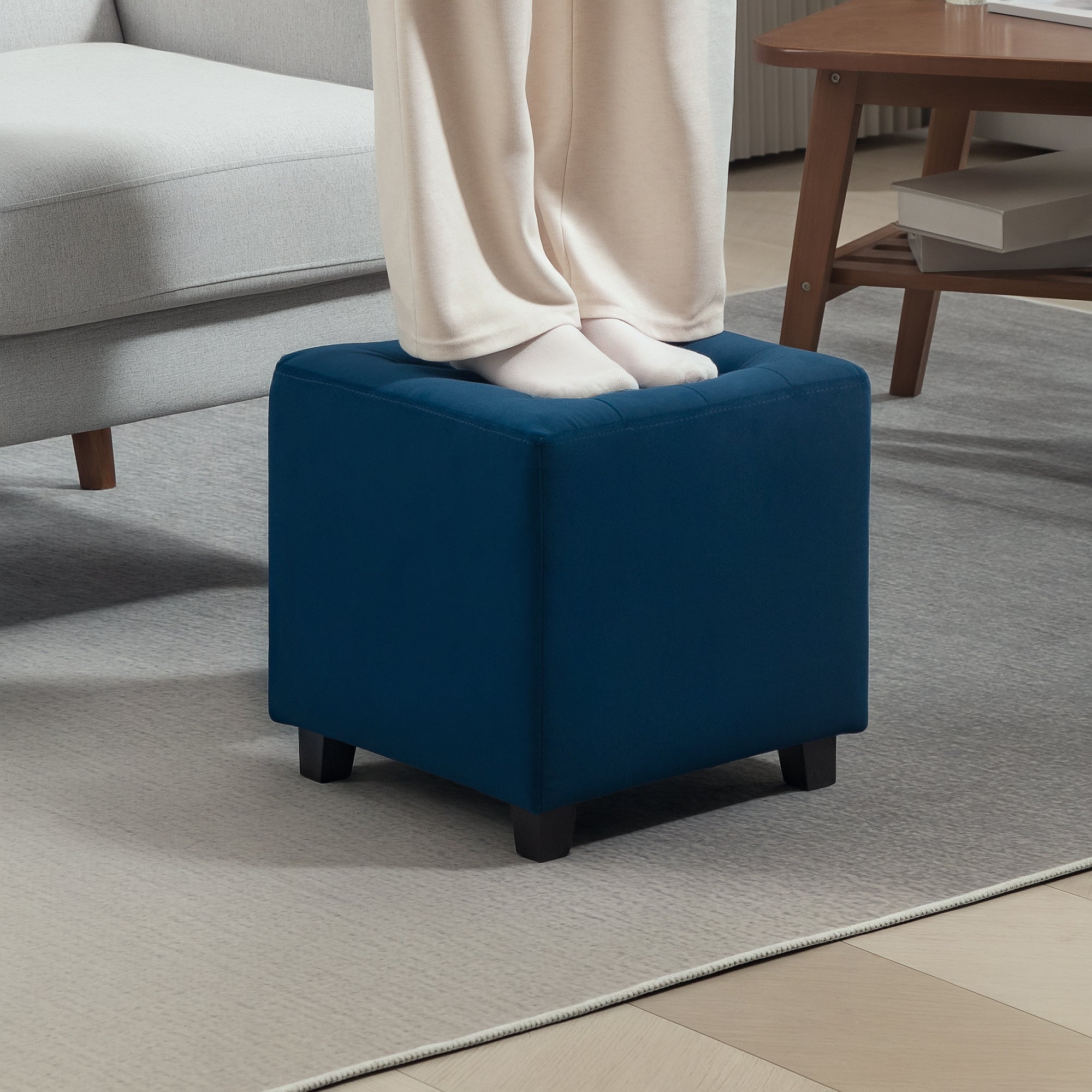 Velvet-Feel Square Ottoman - Blue