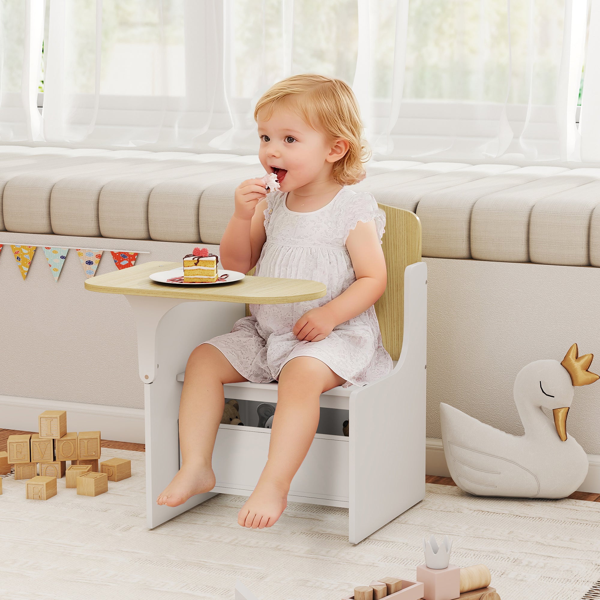 Kids Table and Chair Set, Children Desk and Chair with Storage Bins for Playing, Reading, Painting, for Ages 3-5, White