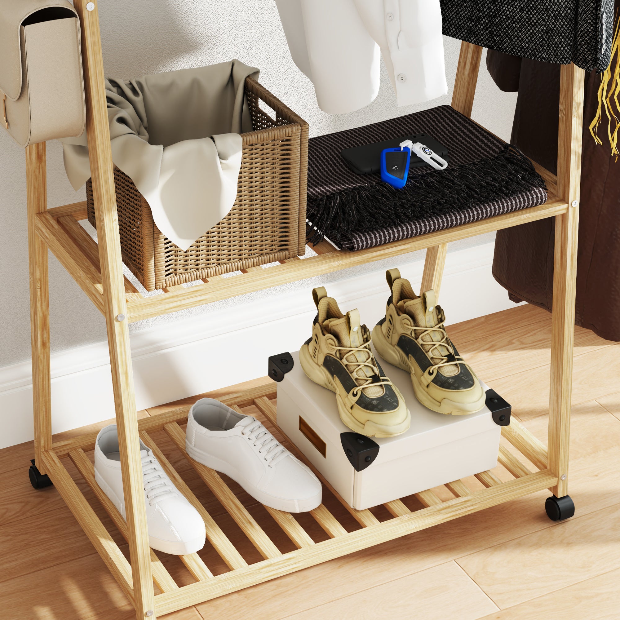 Bamboo Clothes Rack, with Shelves and Hooks - Natural Finish