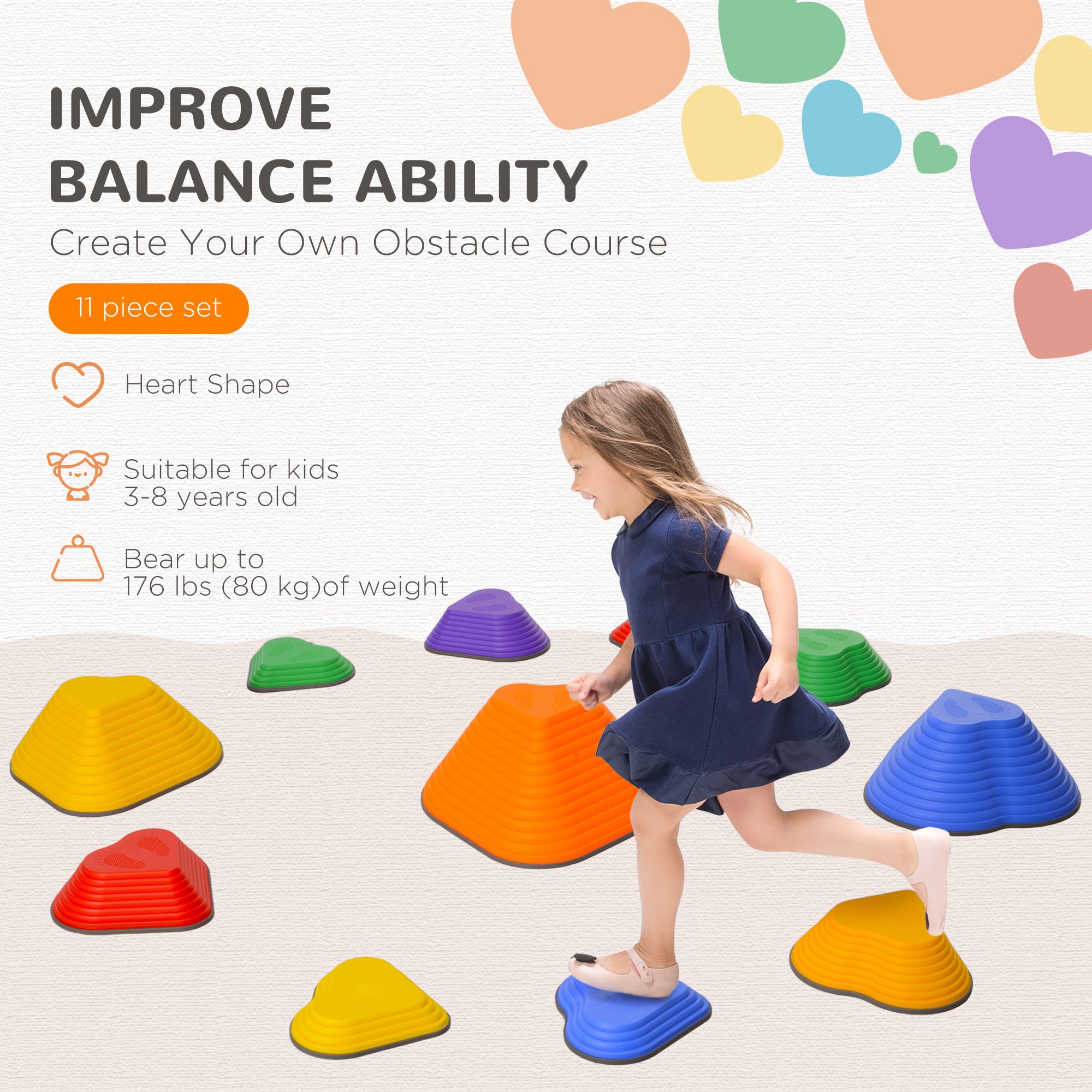 11PCs Heart-Shaped Kids Stepping Stones Balance & Motor Skills, Multicoloured