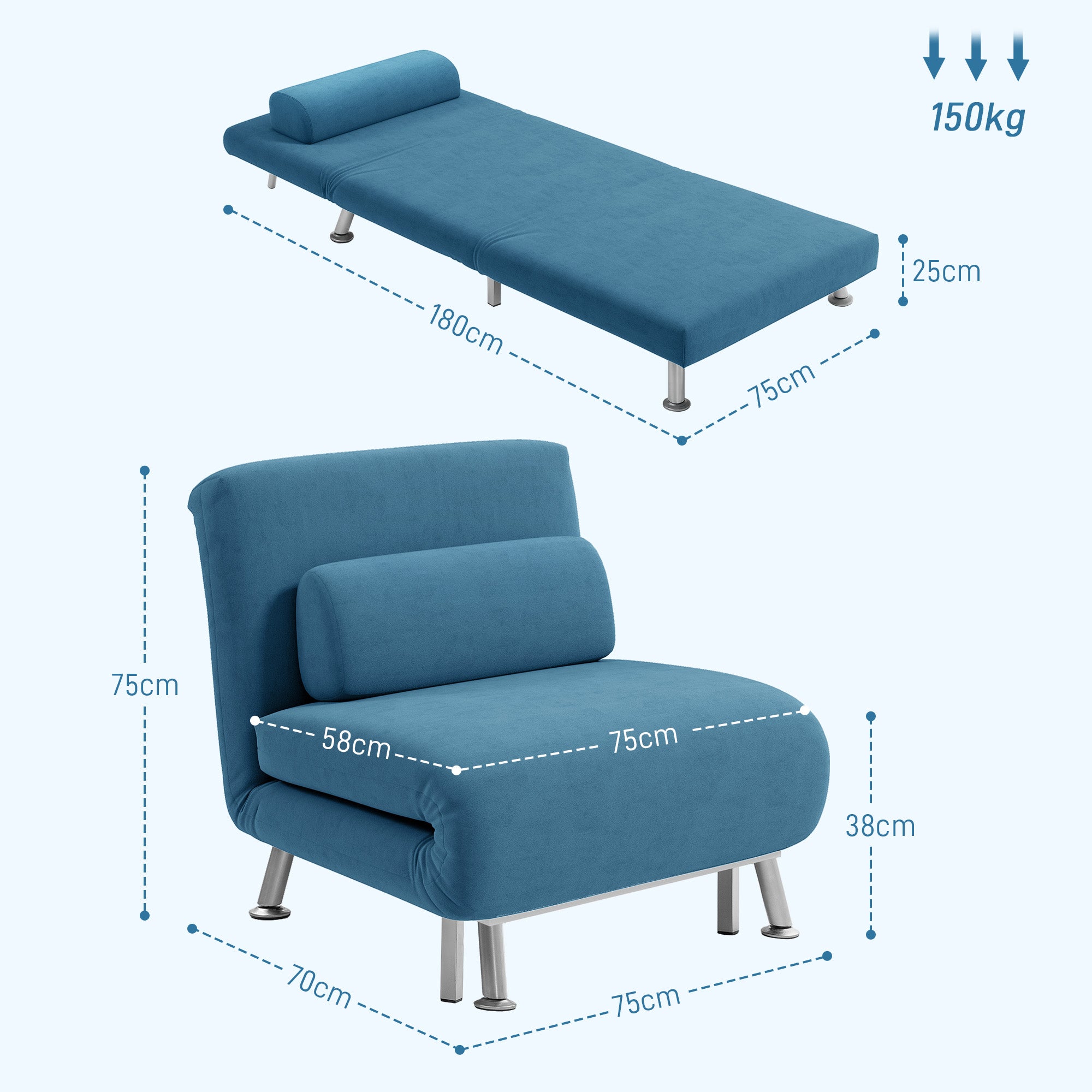 Single Velvet-Feel Sleeper Chair - Blue