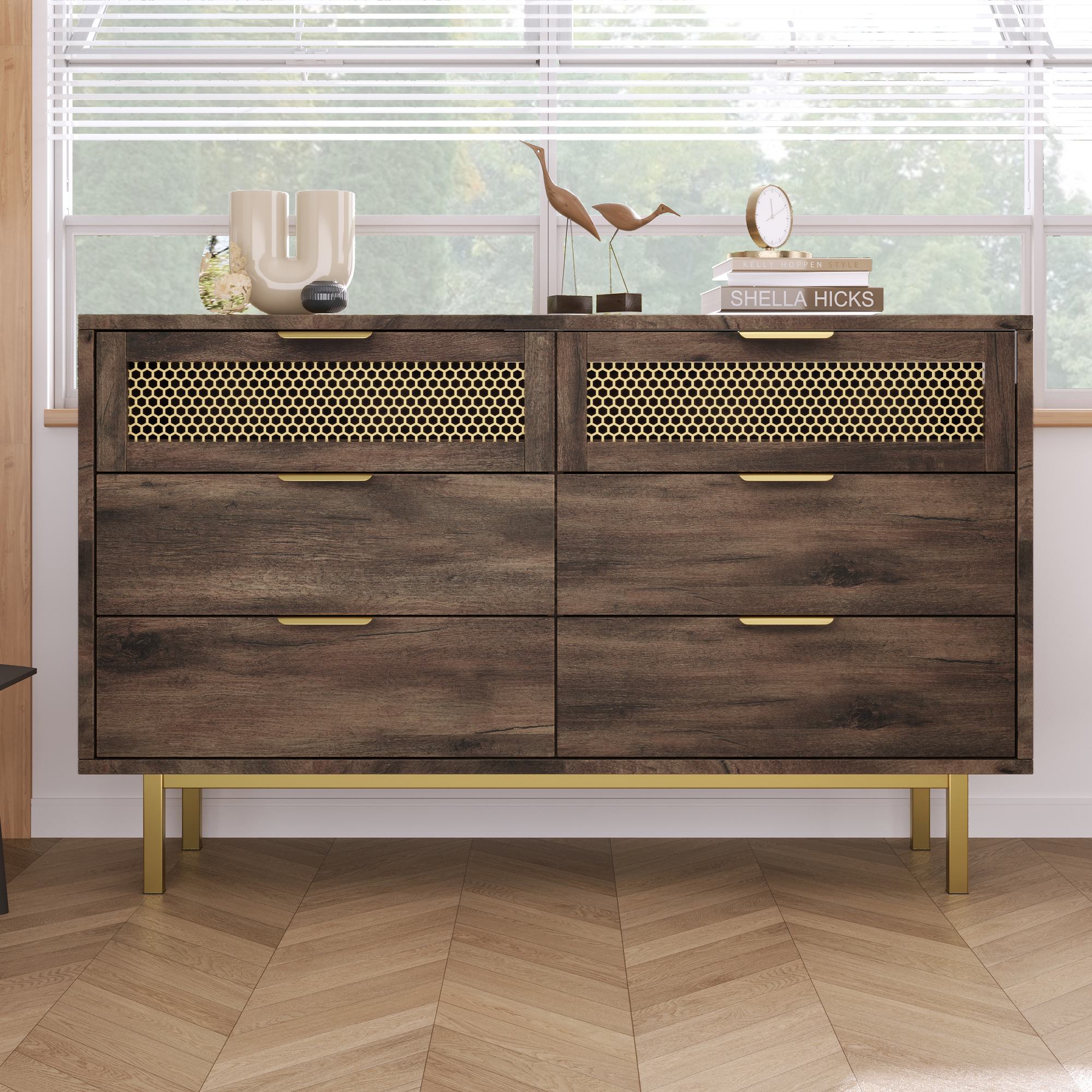 Sideboard Cabinet Dresser with 6 Drawers, Metal Handles, Multipurpose Storage Cabinet for Hallway, Bedroom, 120L x 40W x 76H cm, Dark Brown