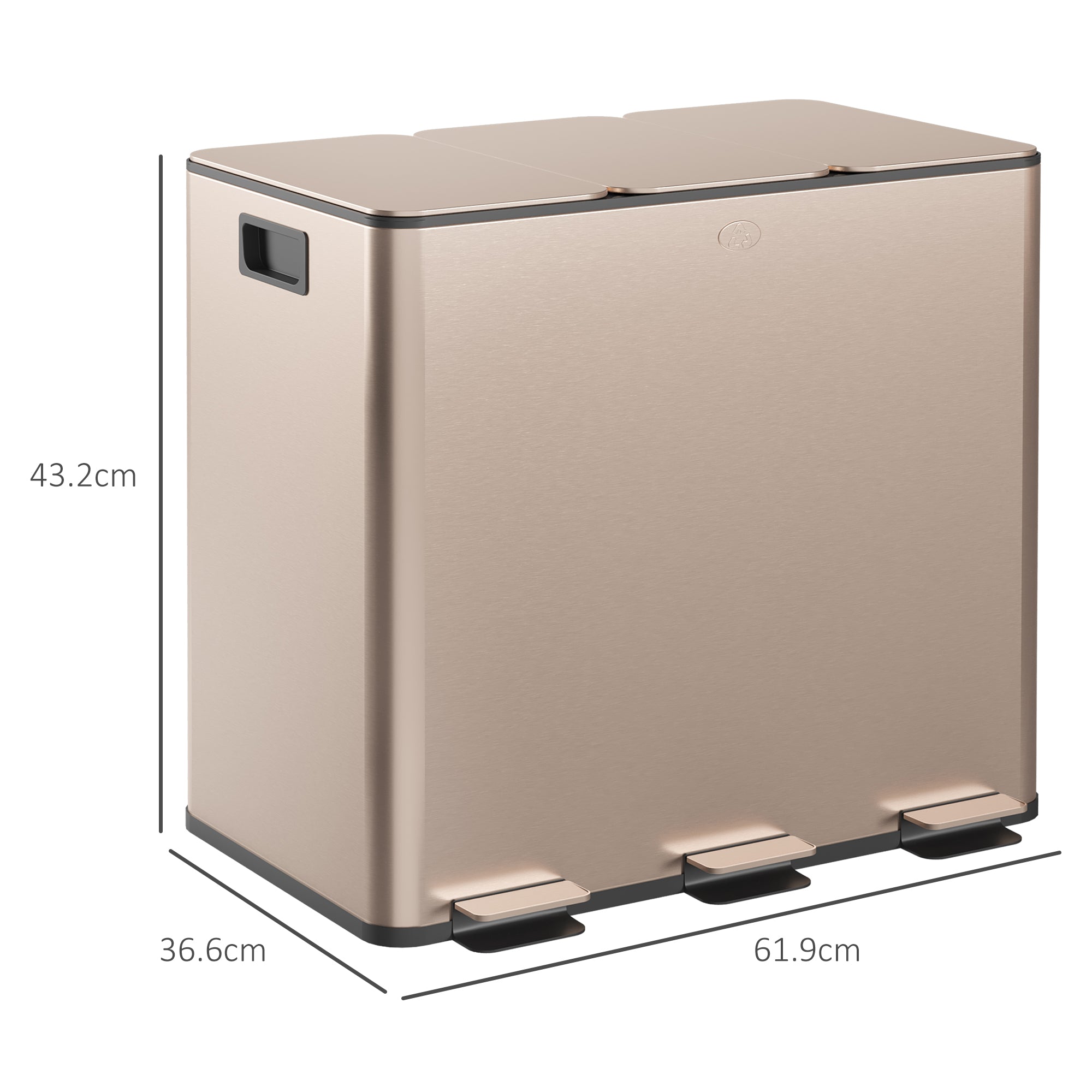 45L Triple Compartment Stainless Steel Bin, with Deodoriser Holders - Gold Tone