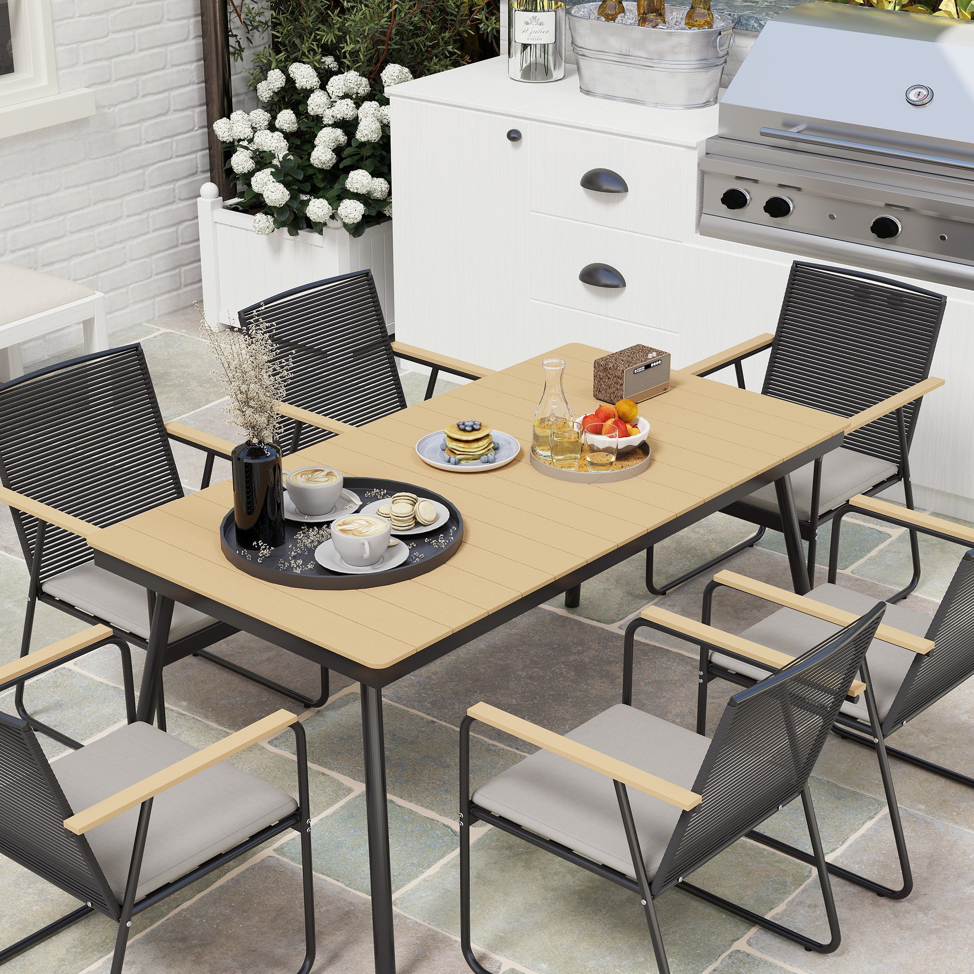 6 Seater Garden Dining Set with Cushions and Weatherproof Table - Nature Wood Finish