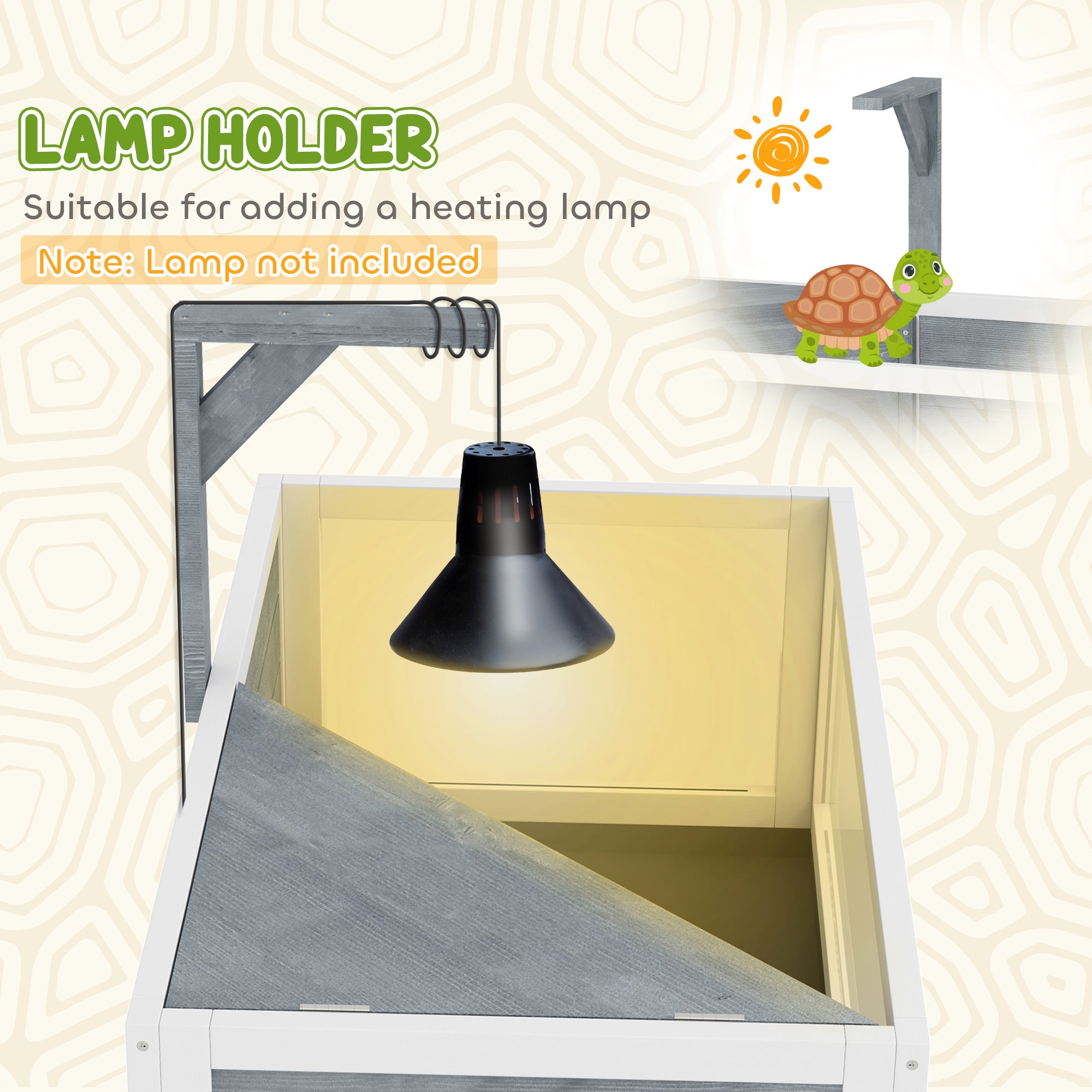 Wooden Tortoise House with Storage Shelf, Observation Windows, Lamp Holder & Openable Top - Grey