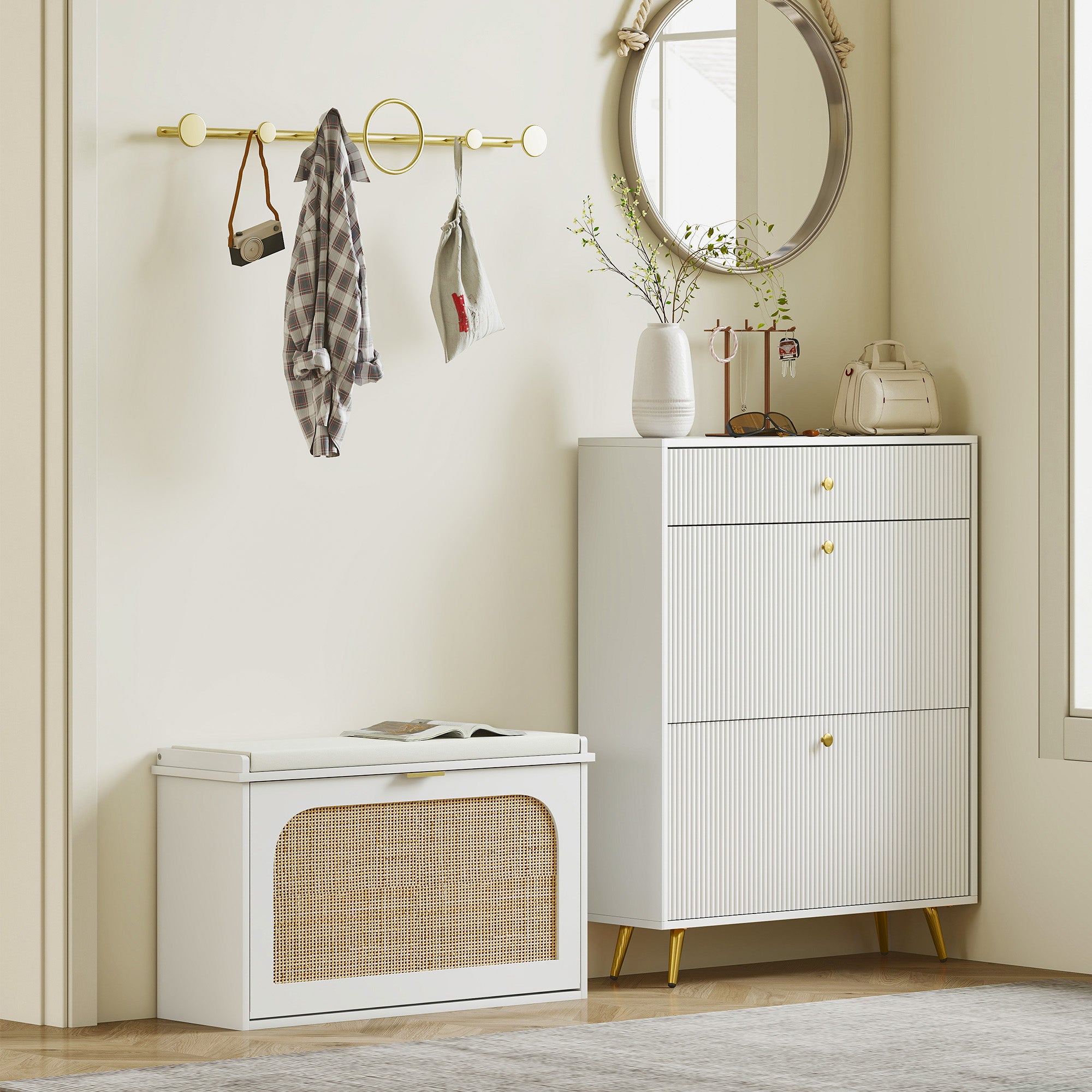 Boho Shoe Bench with Padded Seat and Flip-Drawer - White