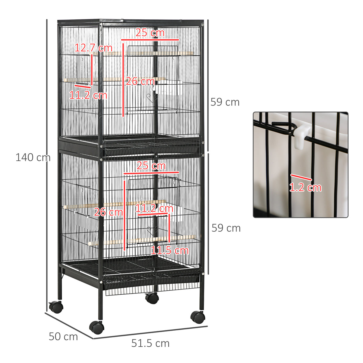 Bird Cage Budgie Cage 2 In 1 Large Aviary with Wheels Removable Trays for Finch Canaries Cockatiels Black
