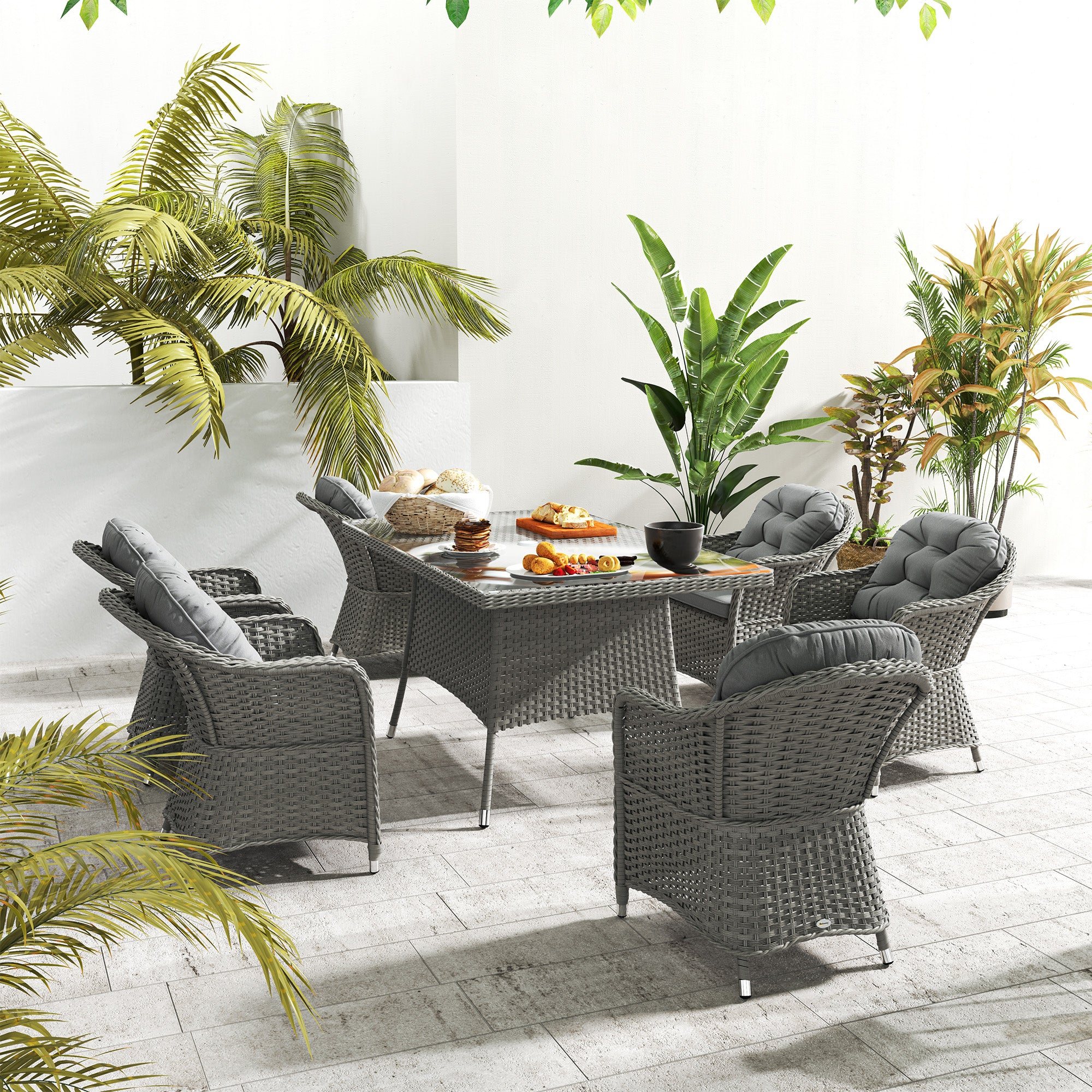 Seven-Piece Rattan Dining Set - Light Grey