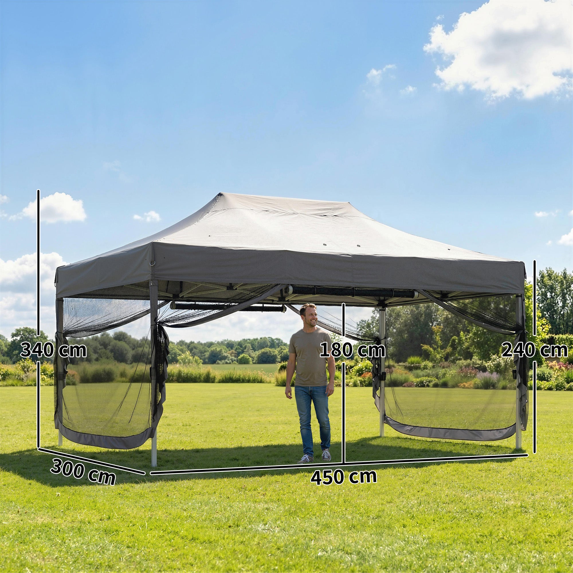 3 x 4.5 m Pop Up Gazebo with Mesh Nettings, UPF50+ Heavy Duty Outdoor Garden Party Tent Marquee, Dark Grey