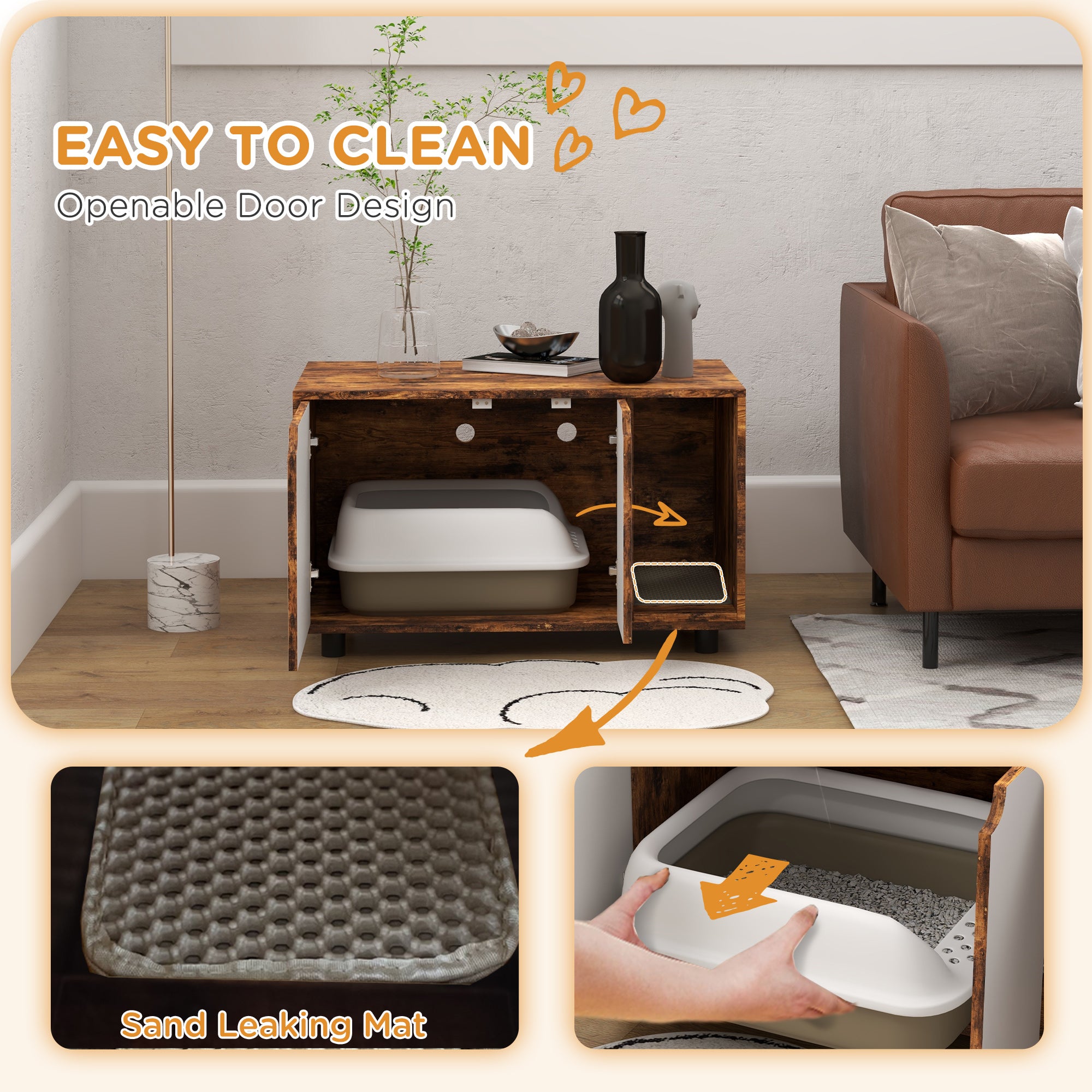 Hidden Cat Litter Box Furniture, with Sand Drain Pad - Rustic Brown