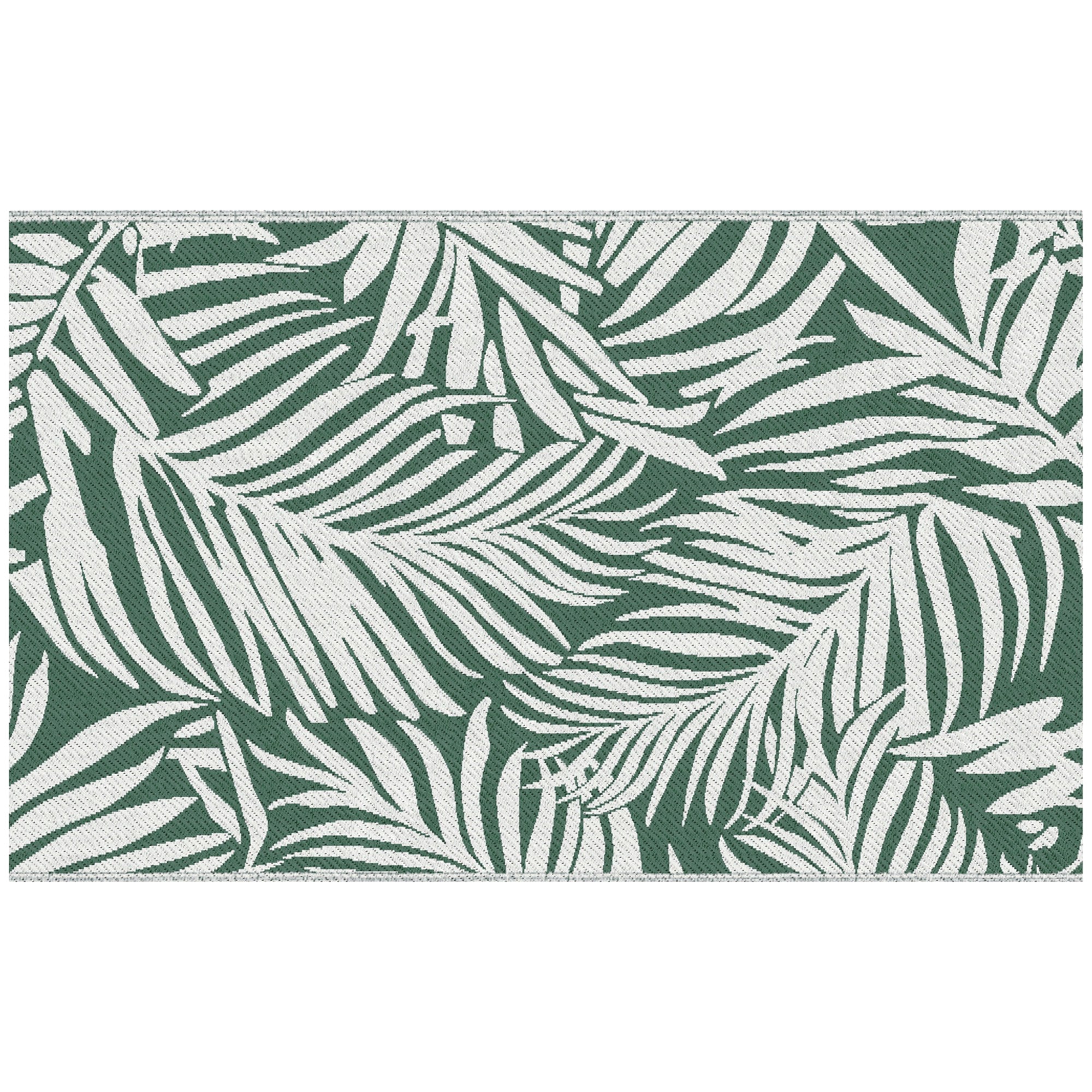 Reversible Outdoor RV Rug, 1.5 x 2.4m Patio Floor Mat, Waterproof Plastic Straw Rug for Garden, Deck, Picnic, Beach, Camping, Green Leaves, Green and White