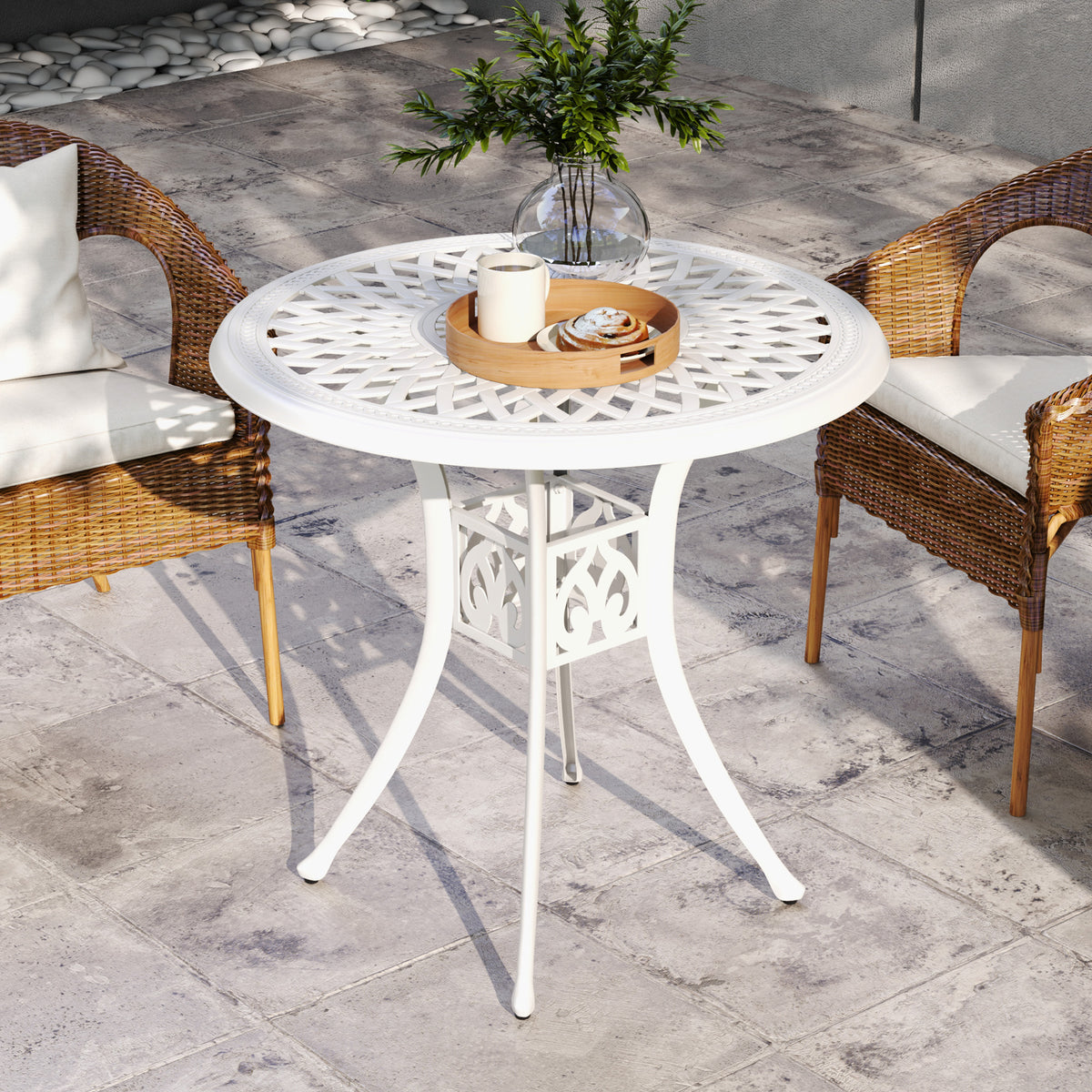 78 cm Round Garden Dining Table with Parasol Hole - White Cast Aluminium