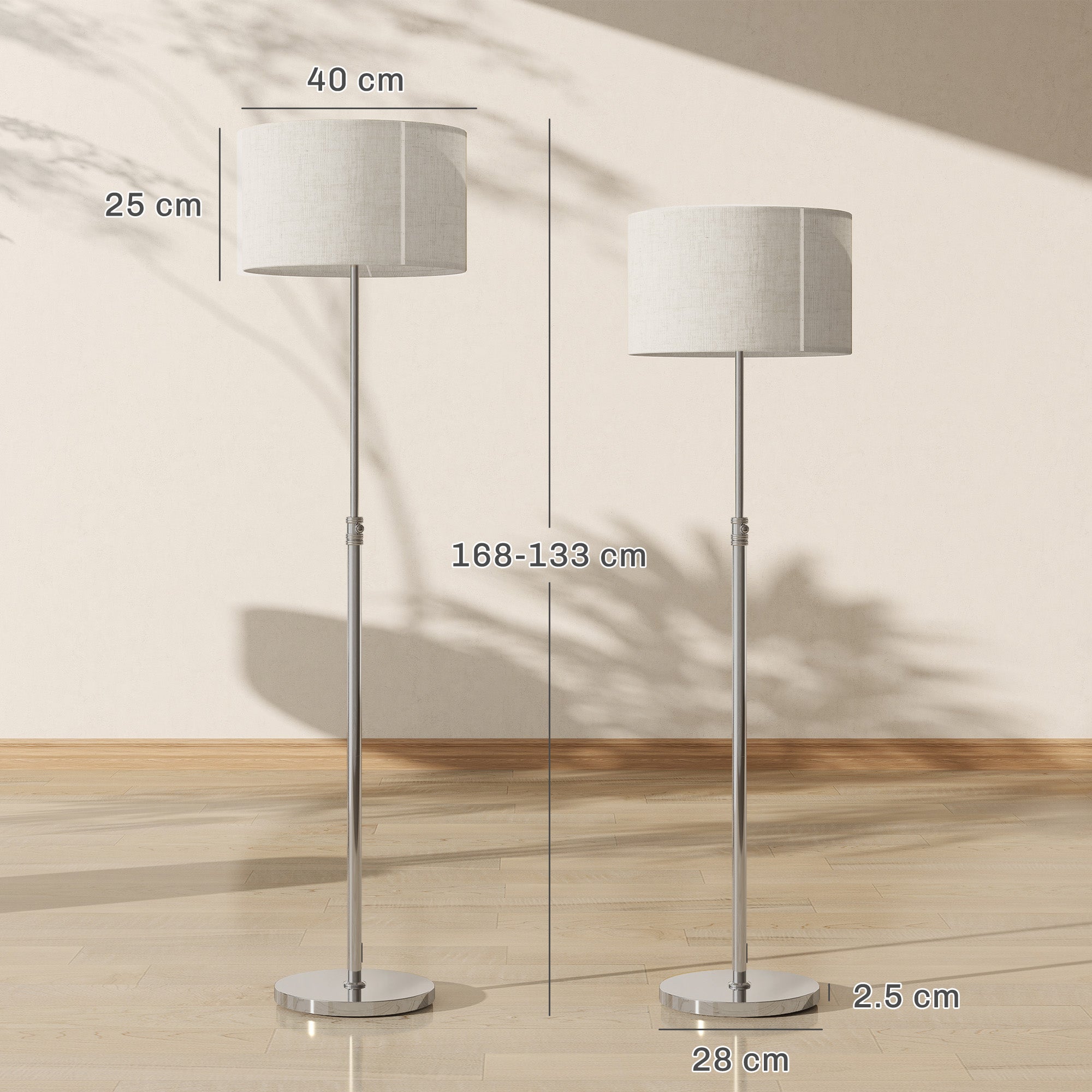 Floor Lamp with Remote, Height Adjustable Standing Lamp with Linen Shade, Dimmable with 3000K-6000K Adjustable Colour Temperatures, Foot Switch for Living Room Bedroom Office, Silver Tone