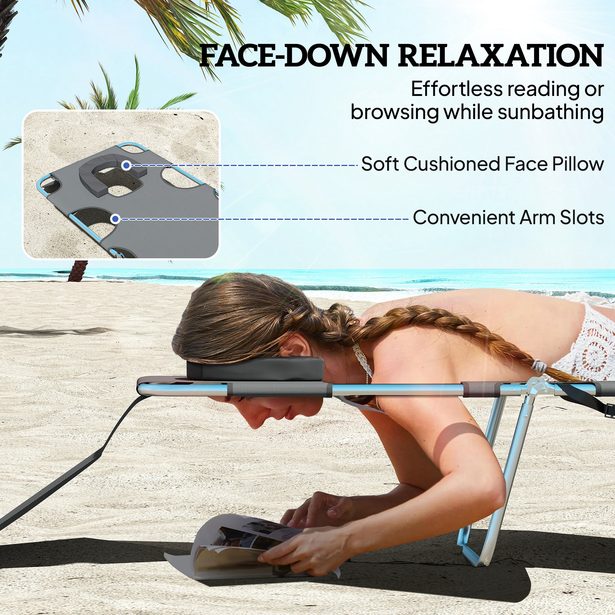 5-Position Adjustable Sun Loungers Set of 2 with Reading Hole and Side Pocket, Dark Grey