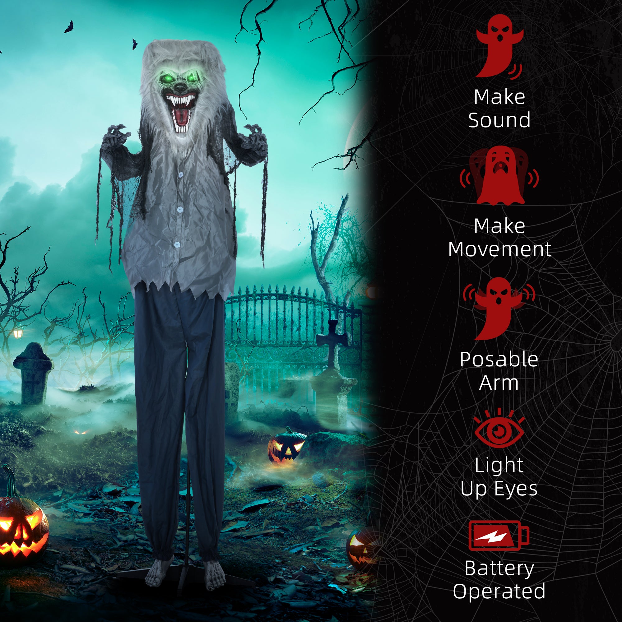 6'8" Skeleton Werewolf Halloween Animatronic, with Glowing Eyes