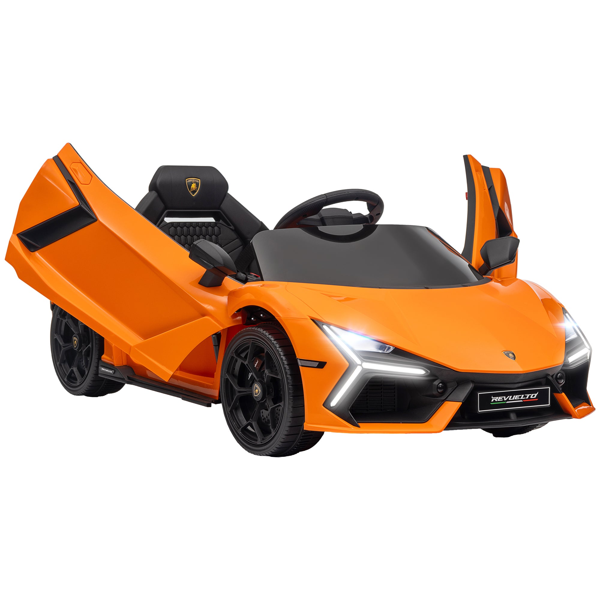 Lamborghini Revuelto Licensed 12V Ride on Car w/ Butterfly Doors, Transport Wheels, Suspension, Remote Control, Orange