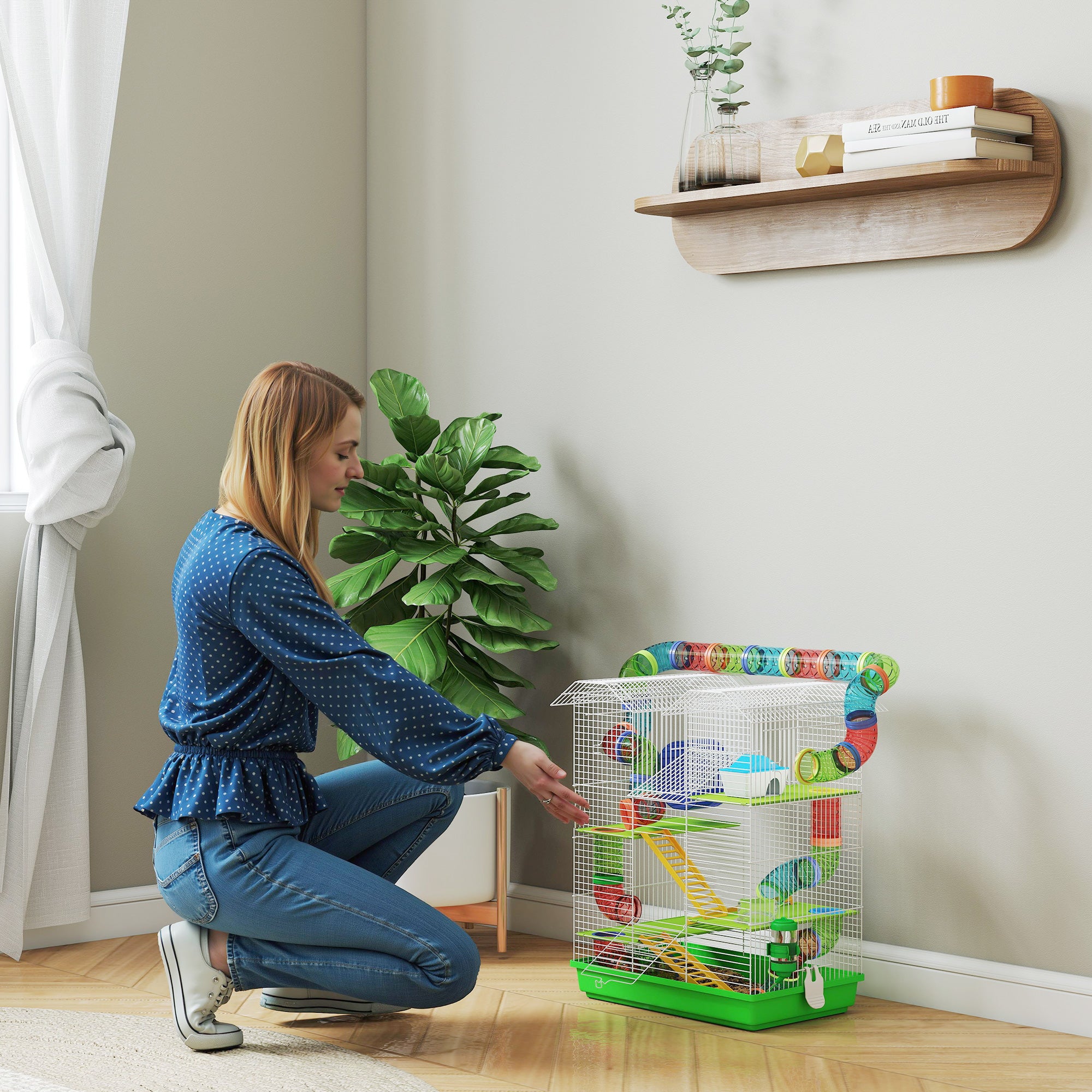 Hamster Cage, 5 Tier Carrier Habitat with Exercise Wheels Tunnel Tube Water Bottle Dishes House Ladder, Gerbil Cage for Dwarf Mice, Green