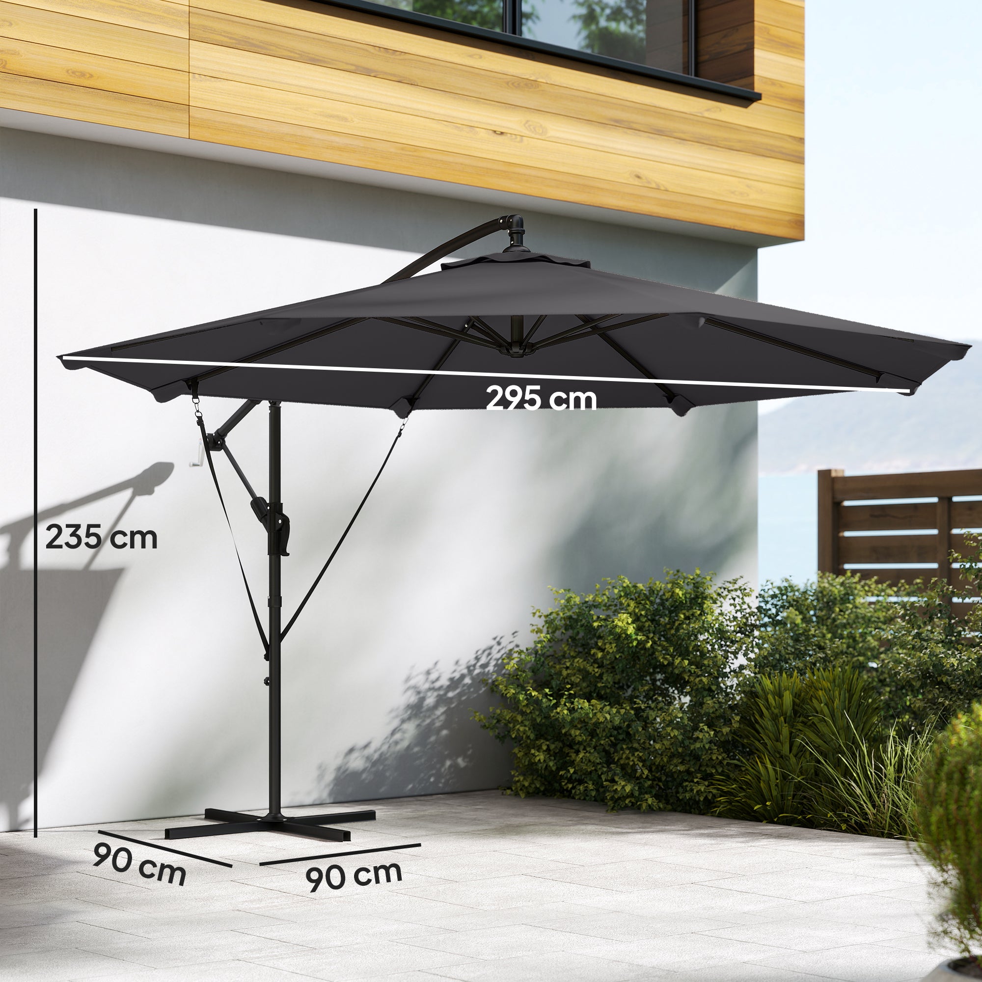 3 m Cantilever Parasol with Protective Cover and Wind Ropes, Banana Parasol with Crank Handle, Black