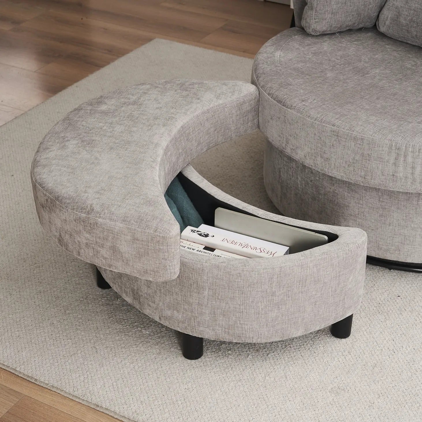 Chenille Swivel Armchair with 3 Back Cushions and Crescent Ottoman Stool, 360° Swivel Recliner Sofa, 107L x 105W x 82H cm, Grey