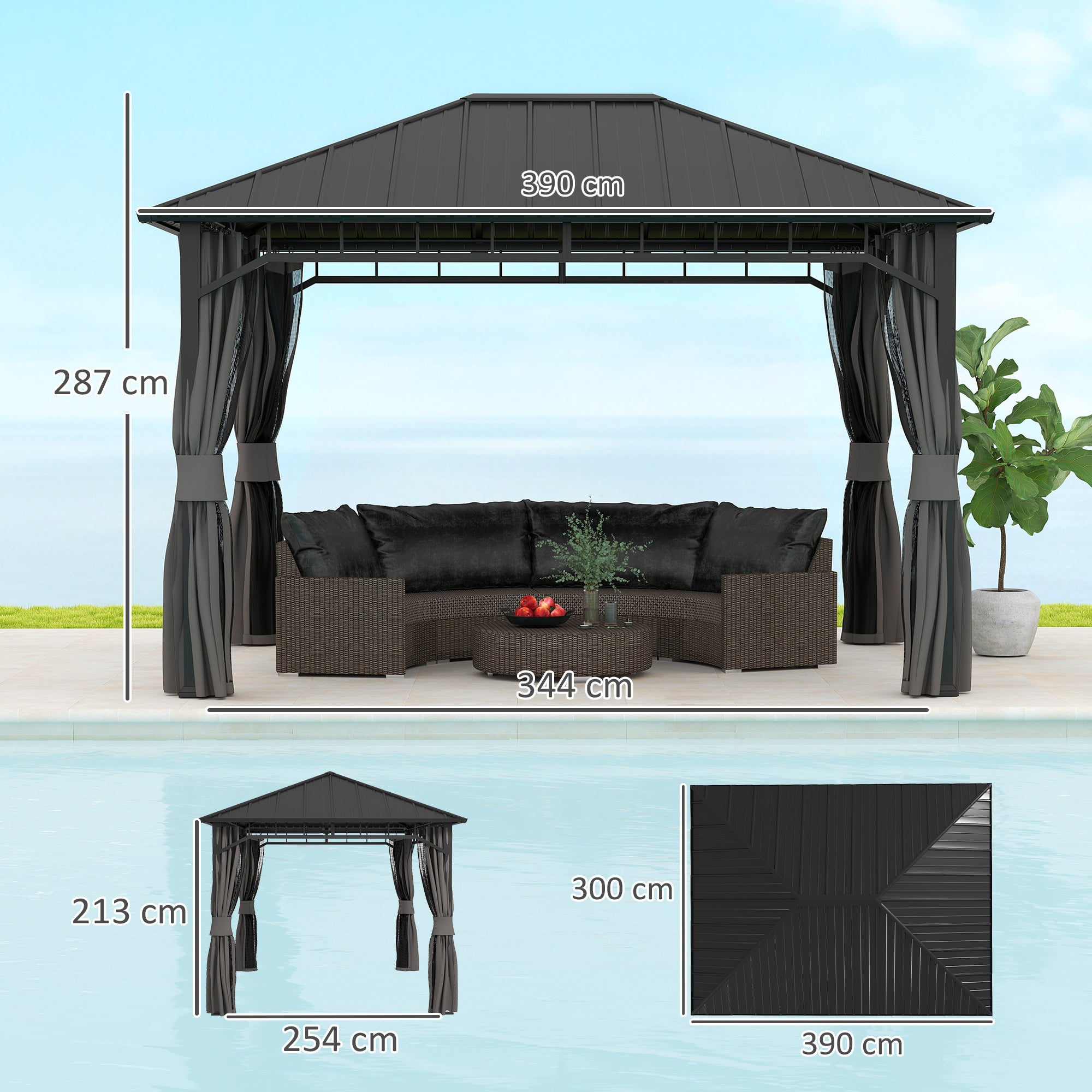 3 x 4m Hardtop Garden Gazebo with Galvanised Steel Roof, Water Gutter, Netting & Curtains - Dark Grey