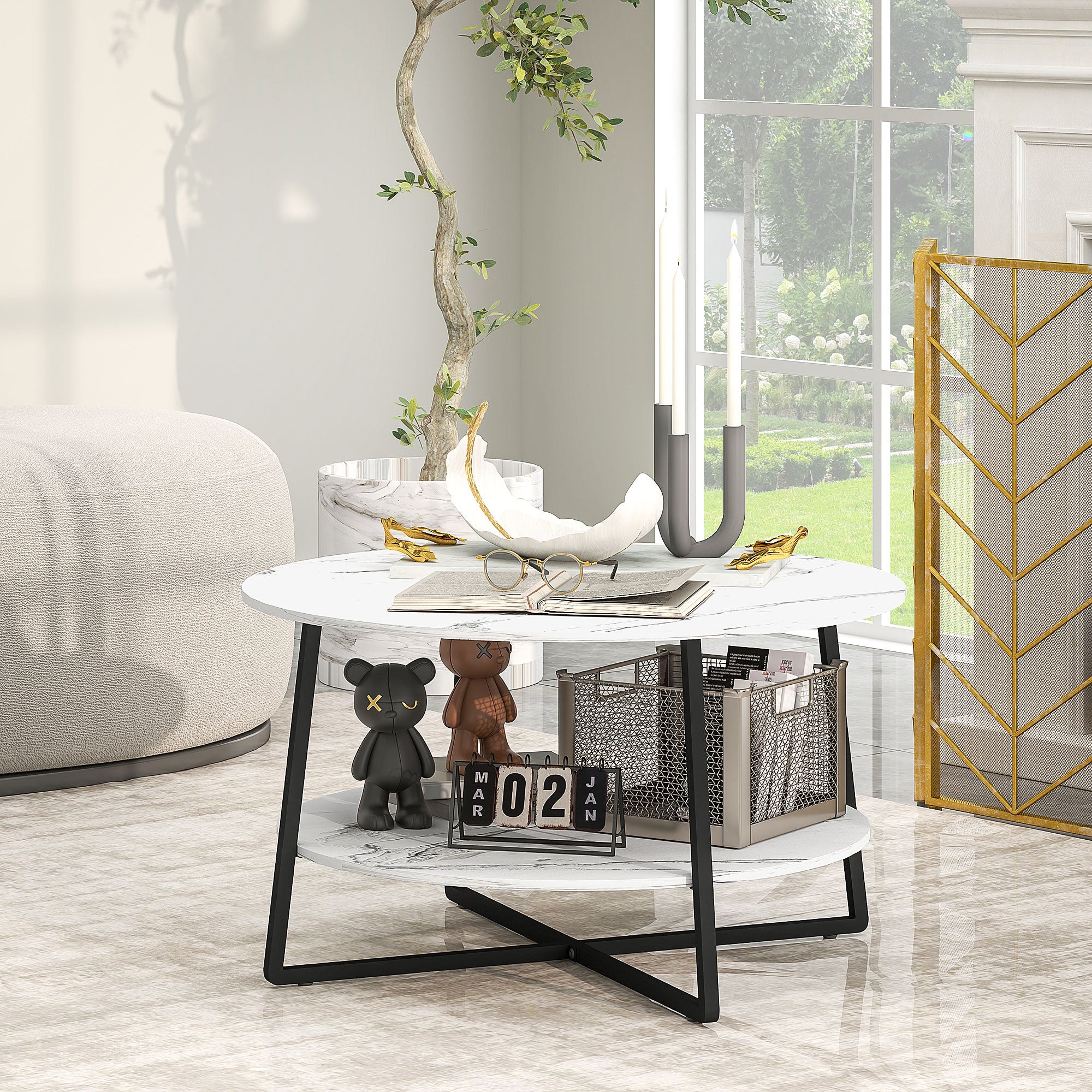 Two-Tier Marble-Effect Coffee Table - White/Black