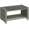 Outdoor Coffee Table with Storage Shelf, PE Rattan Side Table with Slatted Top and Foot Pads, Grey