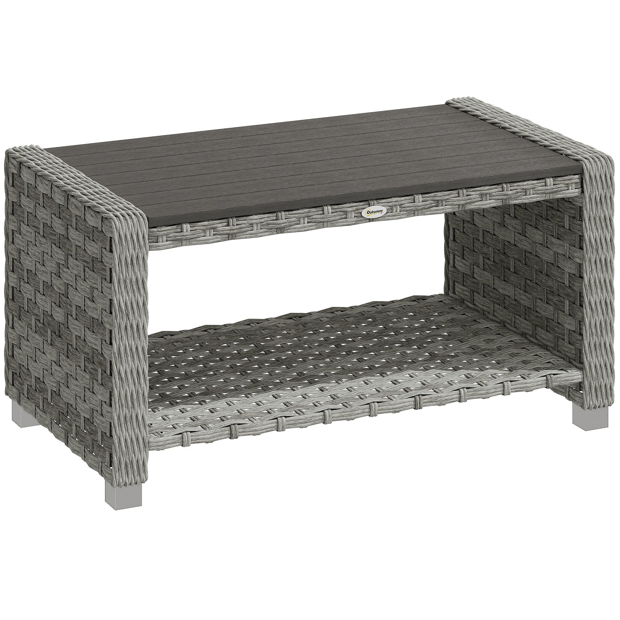 Outdoor Coffee Table with Storage Shelf, PE Rattan Side Table with Slatted Top and Foot Pads, Grey