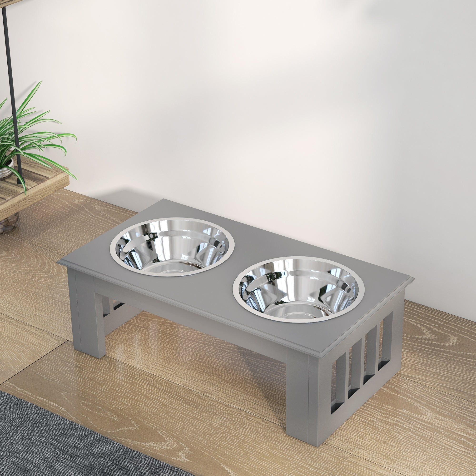 Raised Dog Feeding Bowls with Stand, Stainless Steel for Extra Small and Small Dog, 44L x 24W x 15H cm - Grey