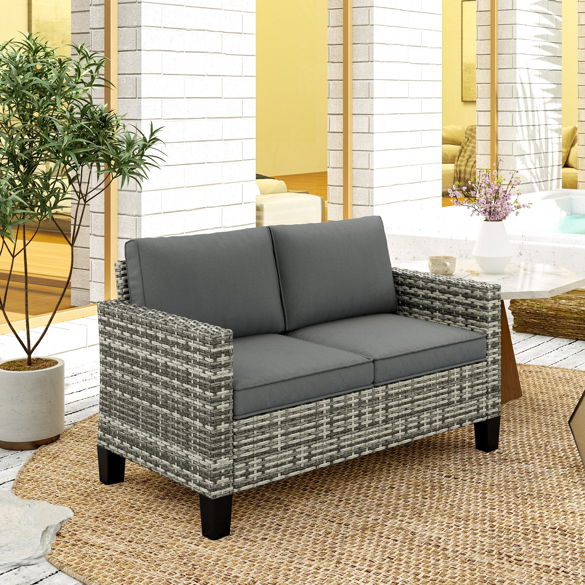 Two-Seater Rattan Outdoor Sofa - Light Grey