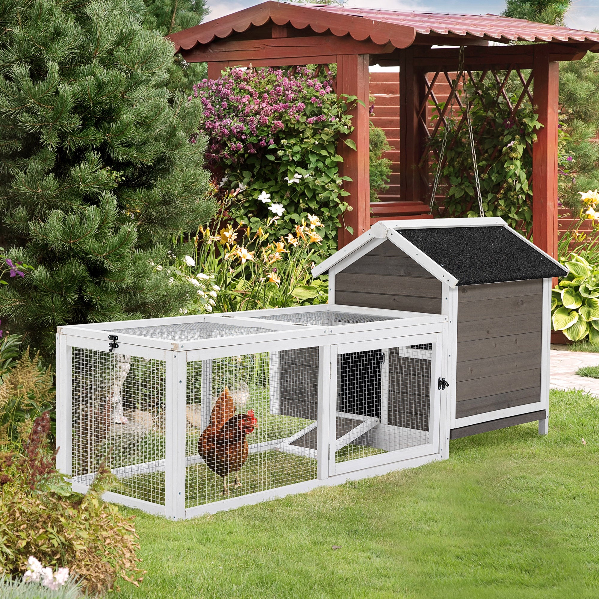 2-Tier Chicken Coop, Wooden Hen House, Poultry Habitat Outdoor Backyard with Removable Tray, Nesting Box, Outside Run, Ramp, 180L x 92W x 78H